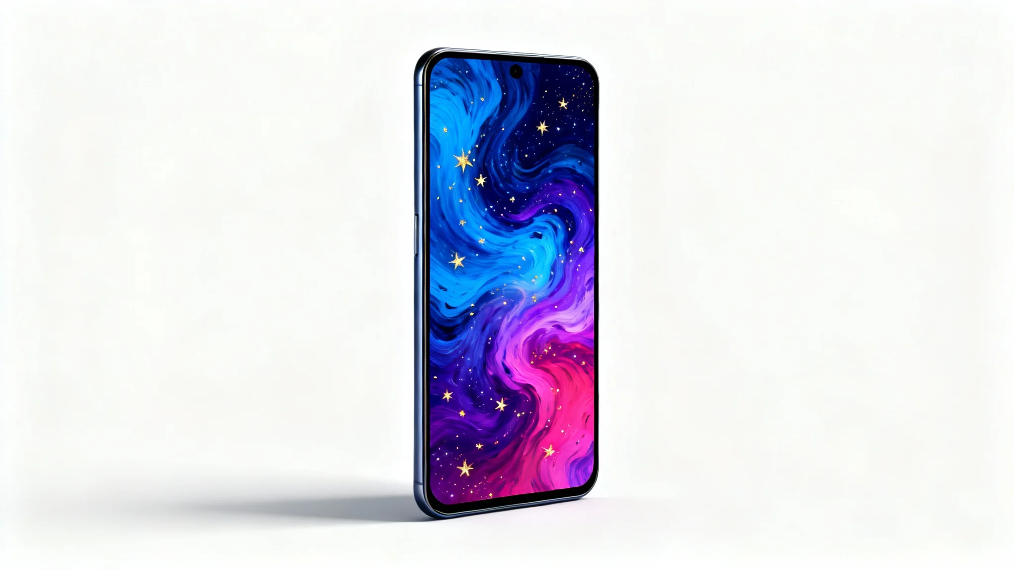 A sleek, modern smartphone mockup displaying a vibrant, abstract cosmic wallpaper with swirls of blue, purple, and magenta, set against a plain white background.