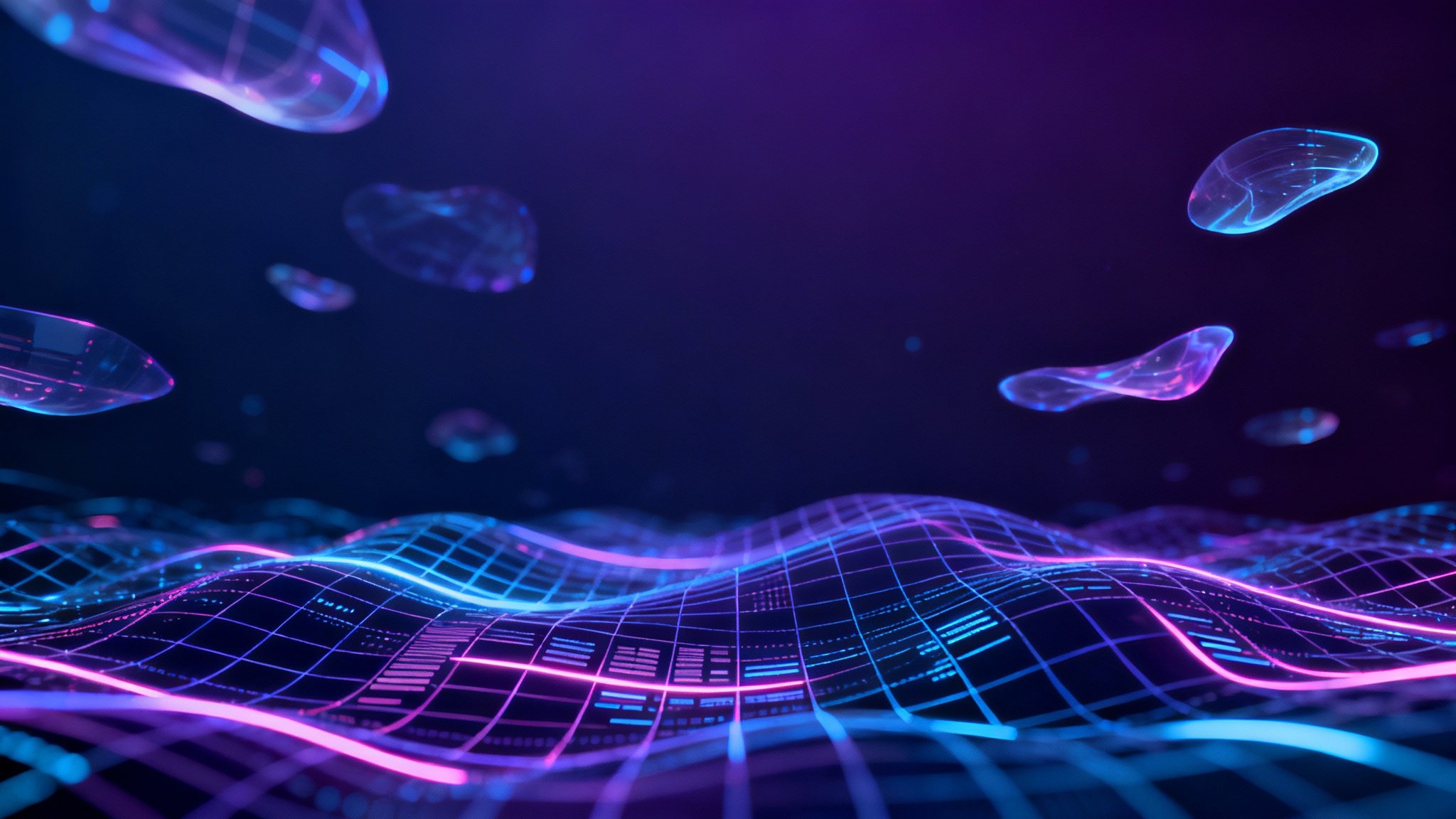 An abstract futuristic website background in 16:9 format, featuring glowing cyan and violet data grids and holographic shapes on a deep indigo canvas, creating a high-tech and modern feel.