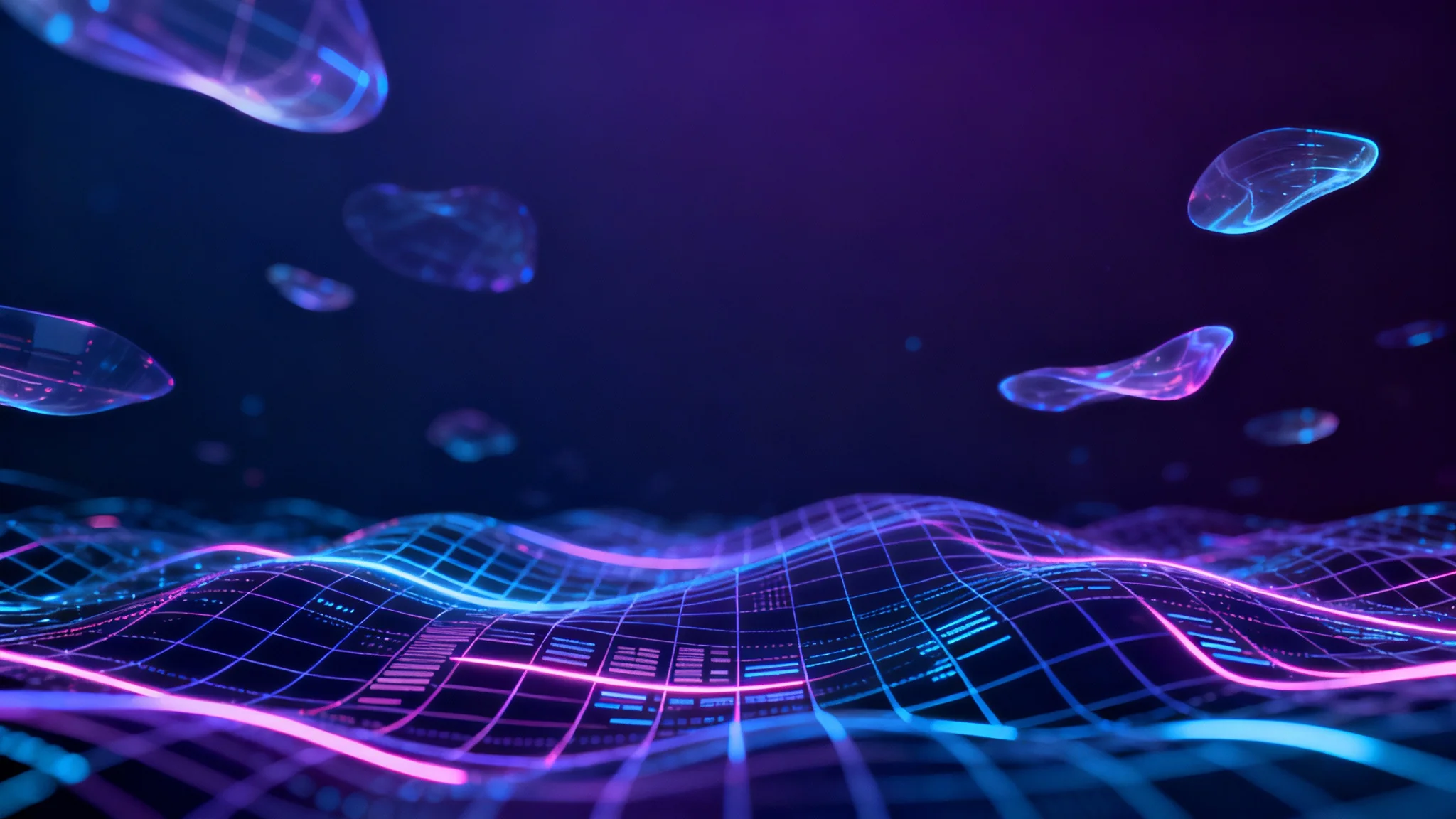 An abstract futuristic website background in 16:9 format, featuring glowing cyan and violet data grids and holographic shapes on a deep indigo canvas, creating a high-tech and modern feel.