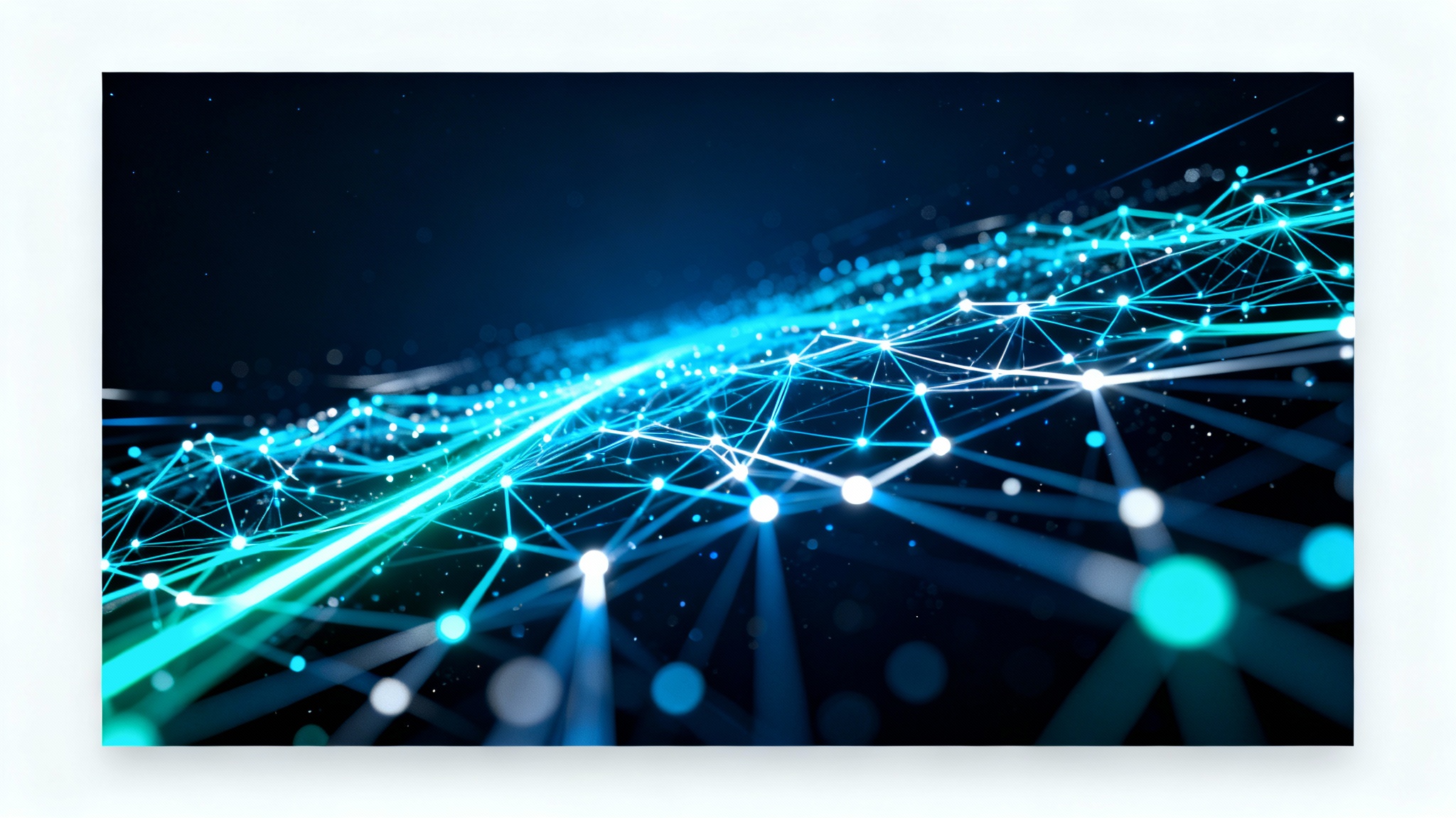 A digital artwork of a futuristic data network, with glowing blue and white lines against a dark background, presented on a white backdrop.