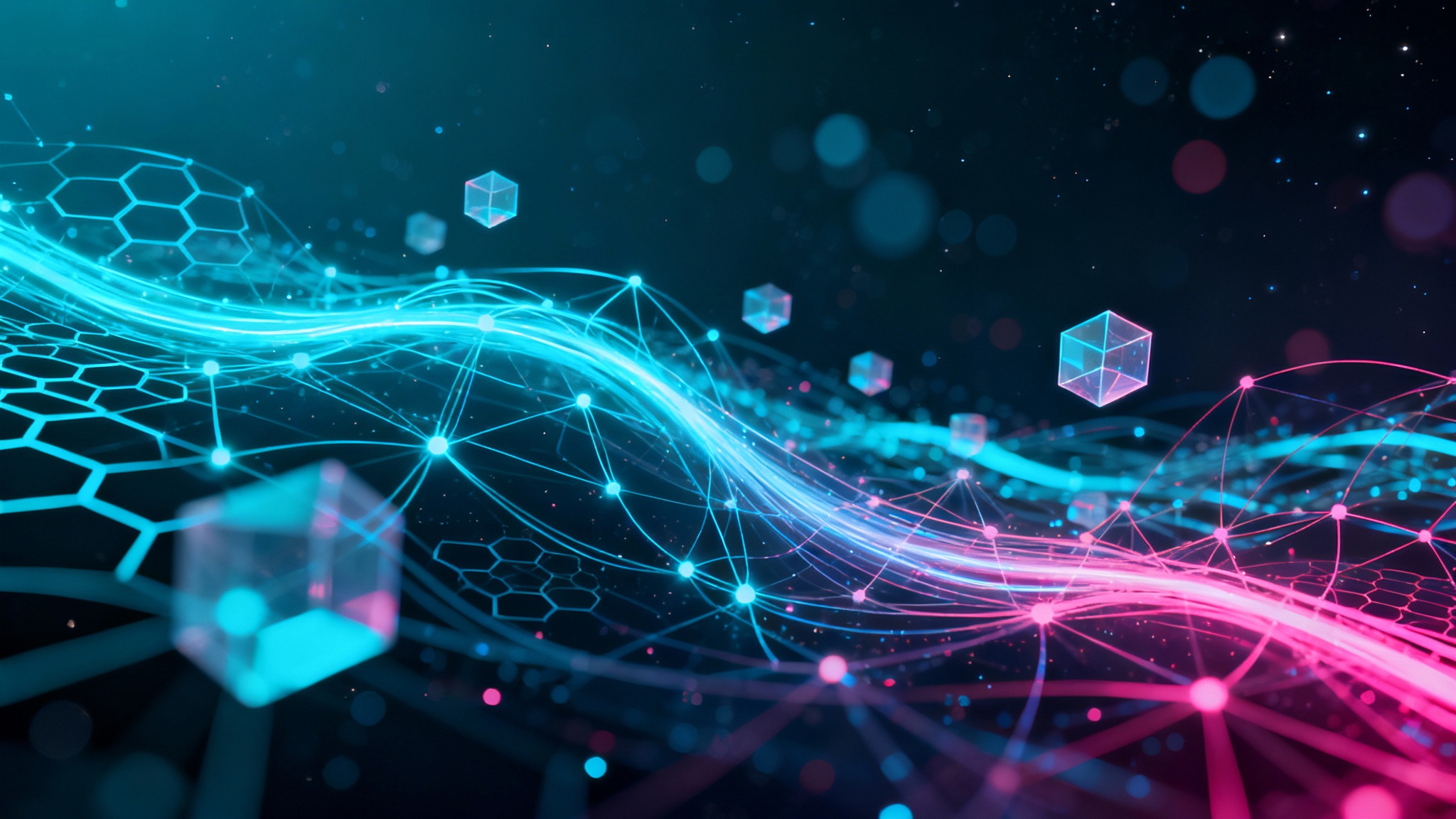 An abstract digital background with glowing blue and magenta light trails flowing through a dark, high-tech space with interconnected nodes and geometric patterns.