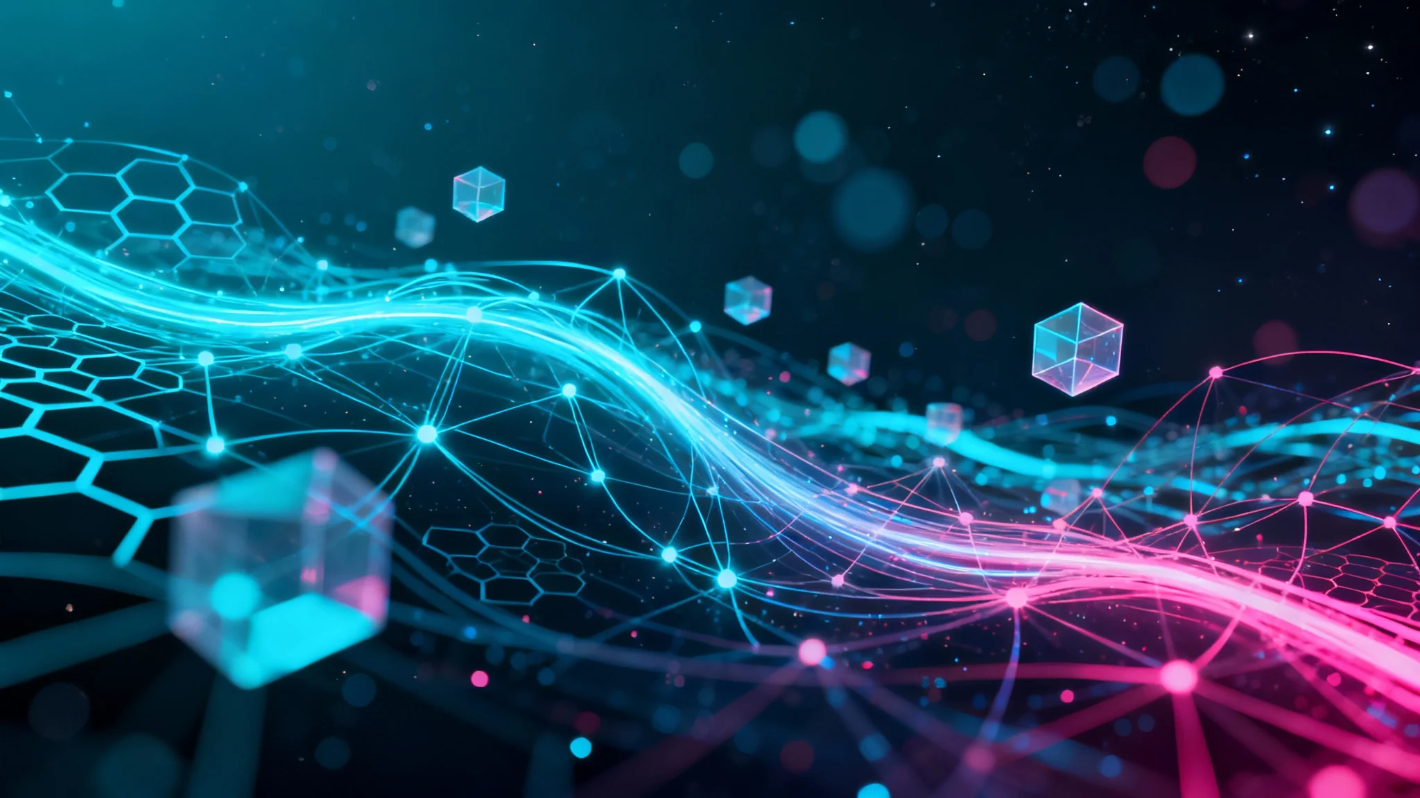 An abstract digital background with glowing blue and magenta light trails flowing through a dark, high-tech space with interconnected nodes and geometric patterns.