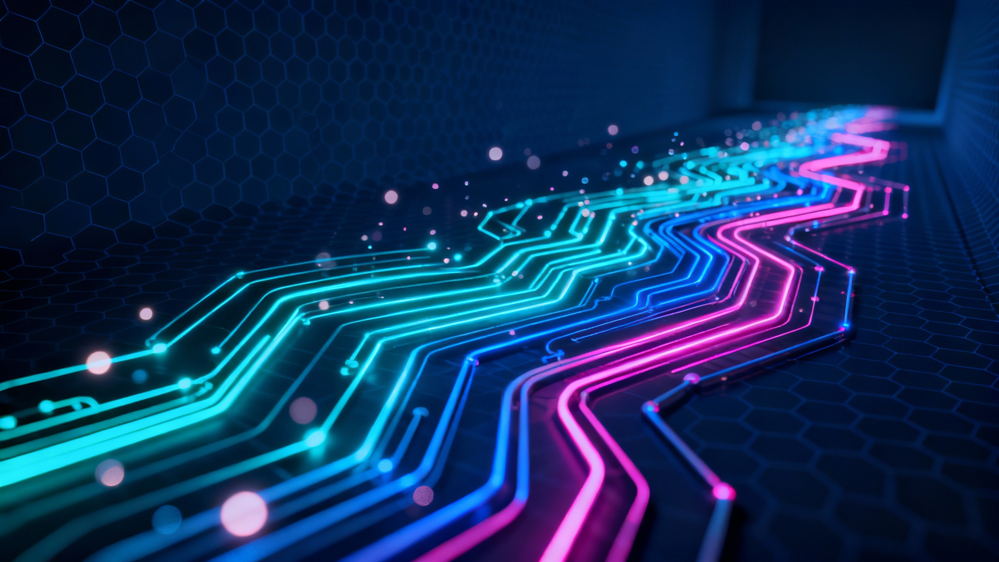 An abstract futuristic background featuring glowing blue and pink neon lines forming a digital network on a dark, deep blue backdrop, conveying a sense of high-tech innovation.