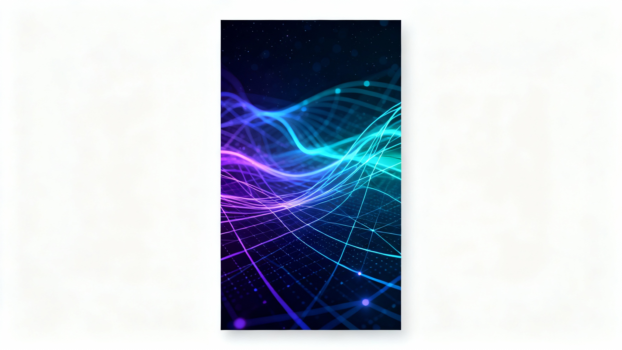 A mockup of a futuristic website background design, showing glowing teal and purple light trails on a dark blue geometric grid, presented on a white background.