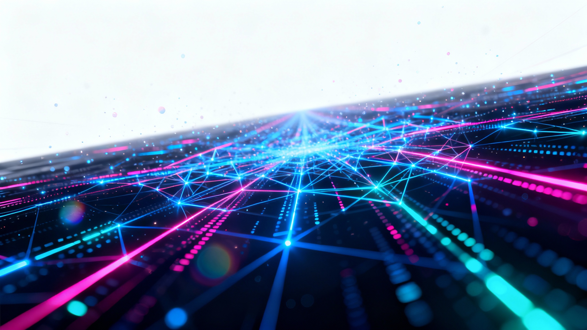 A futuristic digital background featuring glowing blue and purple data streams and geometric patterns flowing through a dark, abstract space, evoking a sense of high technology and innovation.