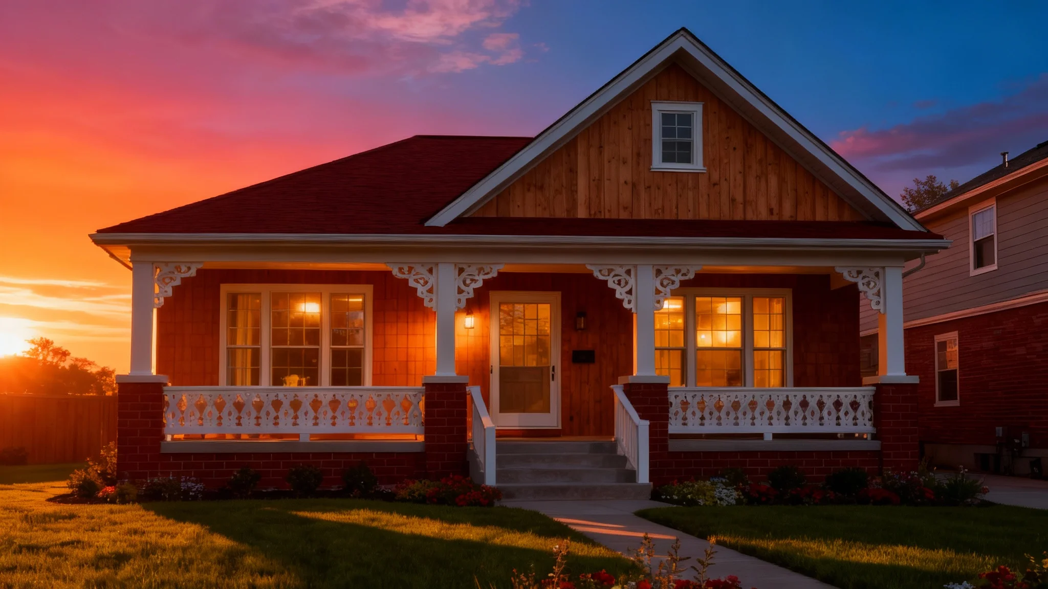A photorealistic exterior rendering of a charming brick and wood home at sunset, with warm interior lights glowing and a beautifully landscaped yard.
