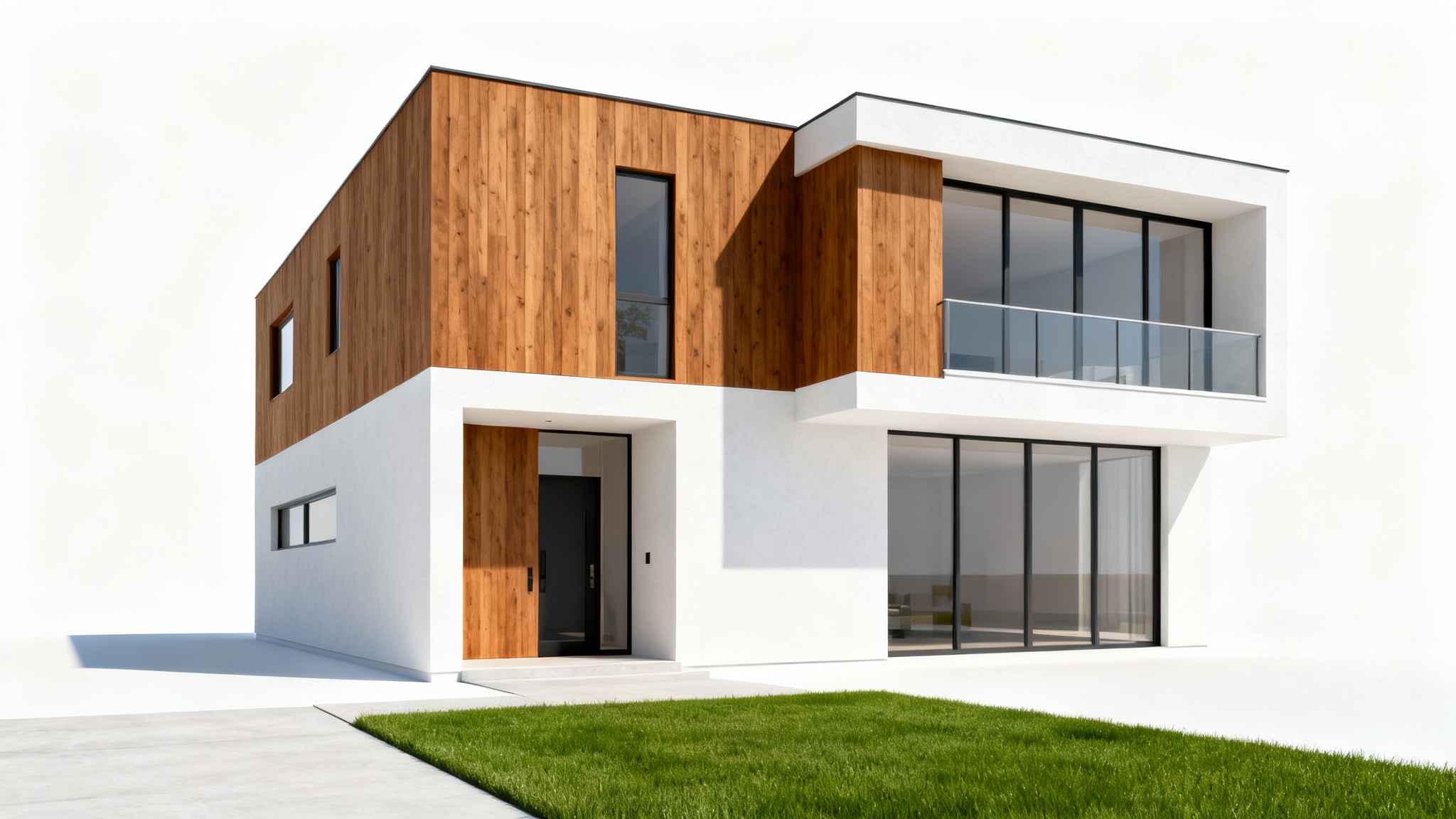 A photorealistic architectural rendering of a modern two-story home, featuring wood and stucco accents, set against a plain white background.