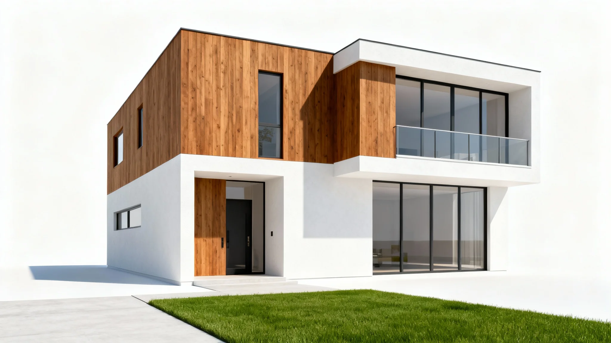 A photorealistic architectural rendering of a modern two-story home, featuring wood and stucco accents, set against a plain white background.