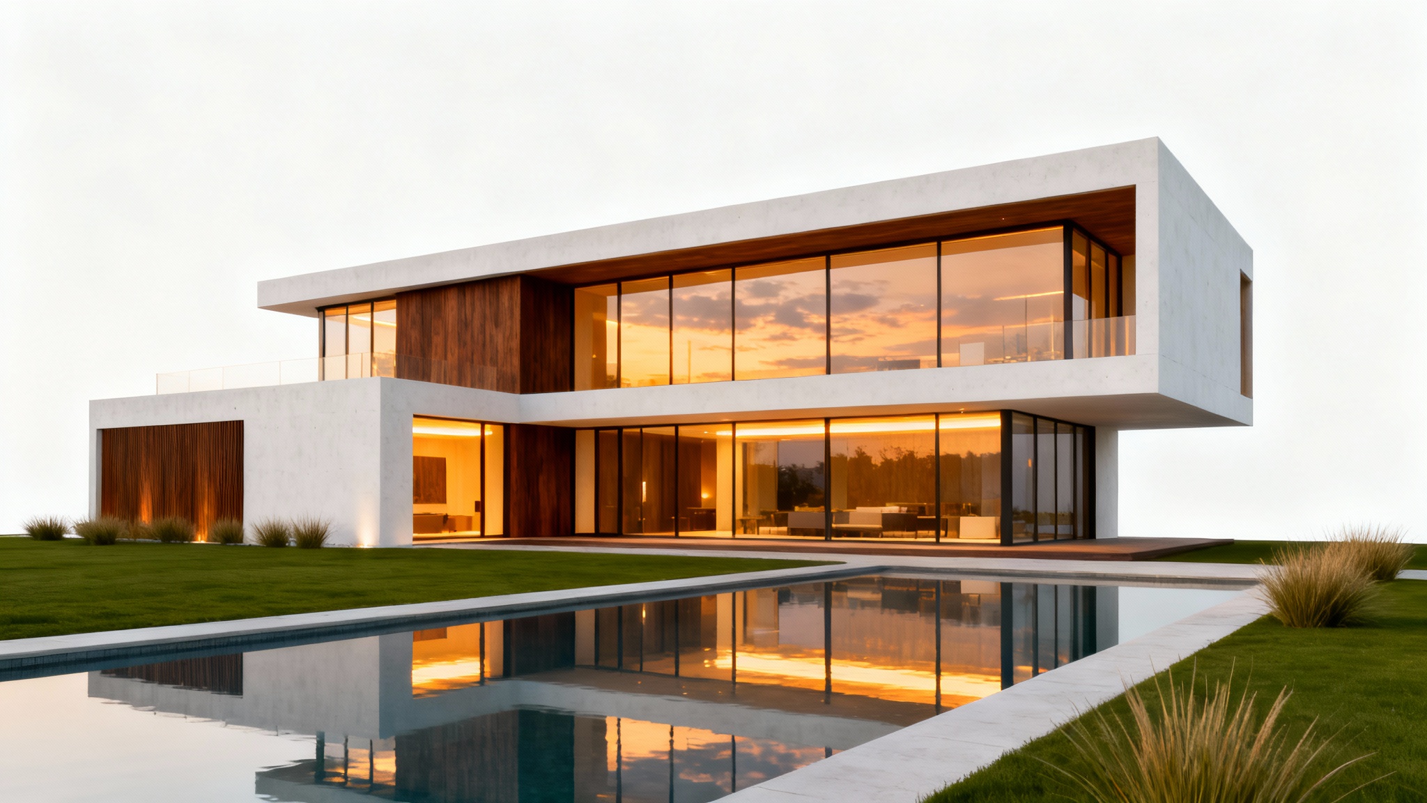 A photorealistic rendering of a modern, two-story luxury home at dusk, featuring large windows, wood and concrete accents, and an infinity pool, set against a clean white background.