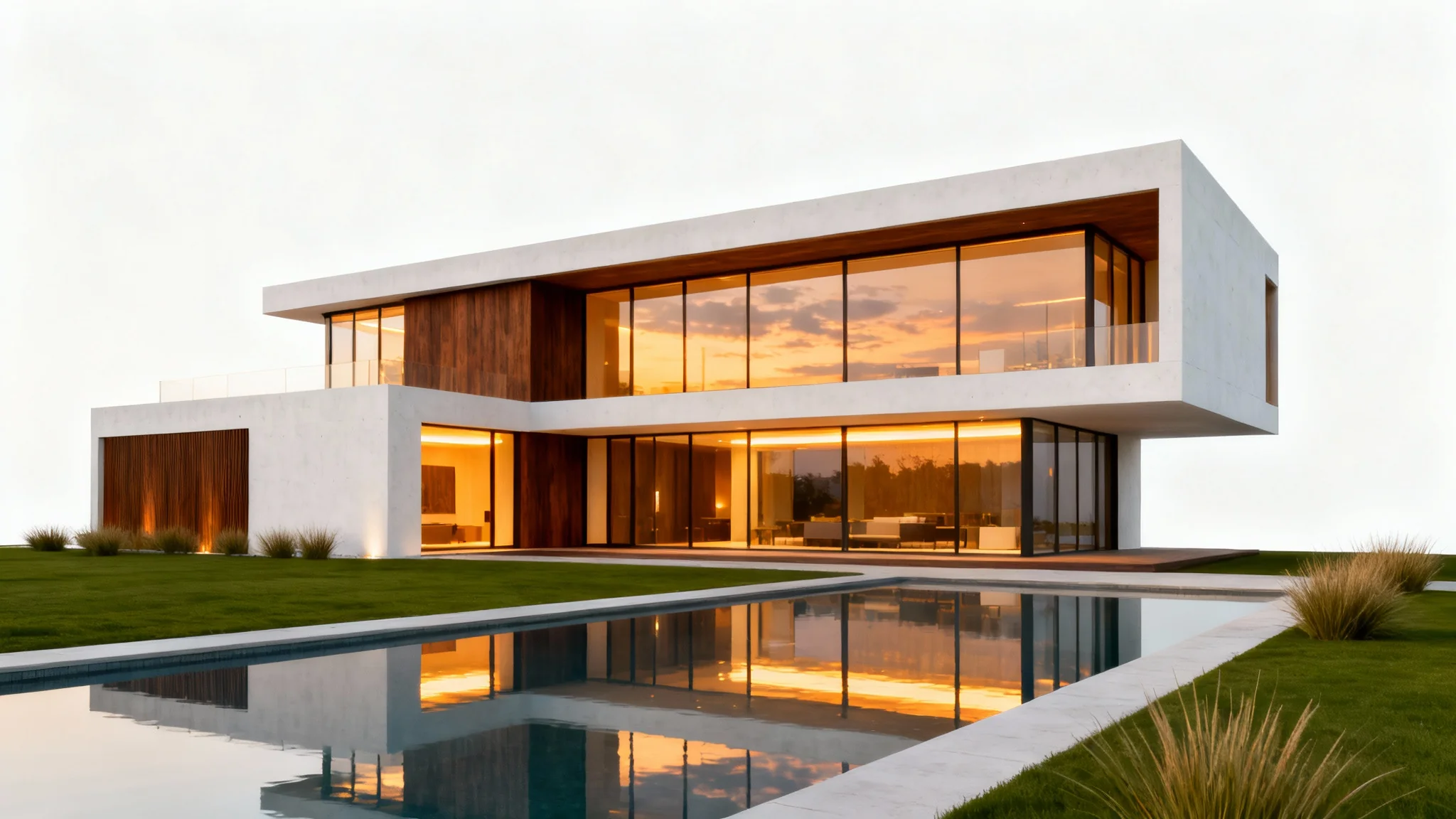 A photorealistic rendering of a modern, two-story luxury home at dusk, featuring large windows, wood and concrete accents, and an infinity pool, set against a clean white background.