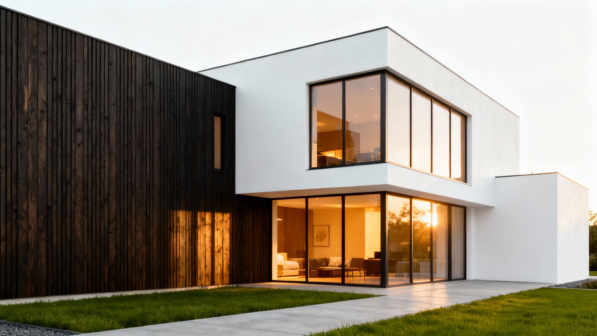 A photorealistic architectural rendering of a modern two-story house with wood, stucco, and glass exterior, set against a clean white background.