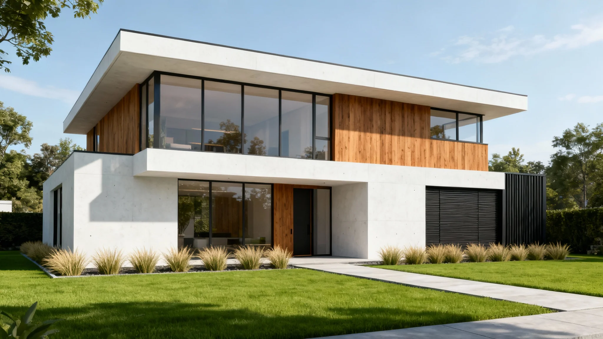 A photorealistic architectural rendering of a modern two-story luxury home with large windows and mixed materials of wood, concrete, and metal, set against a plain white background.