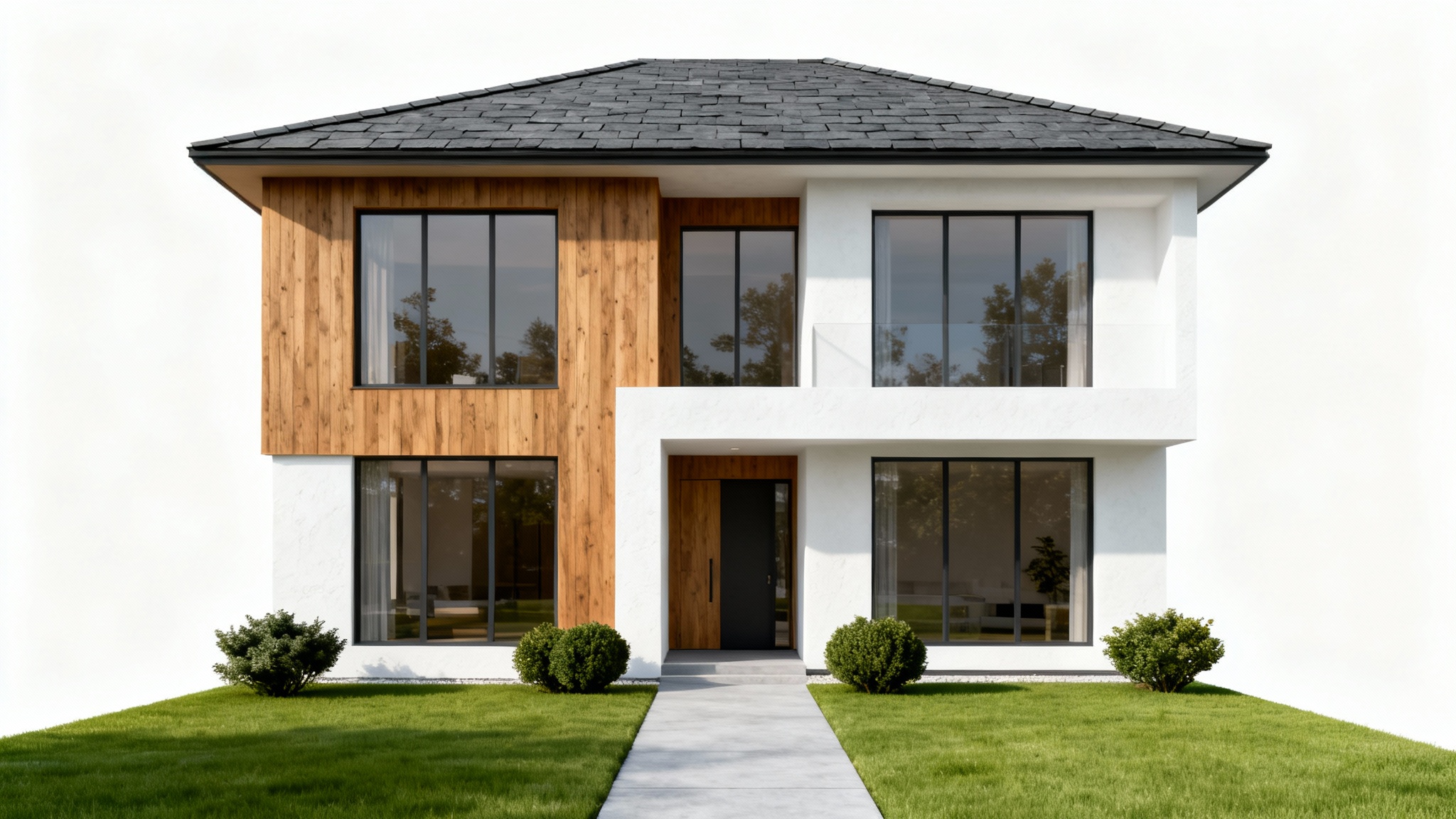 A photorealistic exterior rendering of a modern two-story house with wood, stucco, and glass features, set against a solid white background.