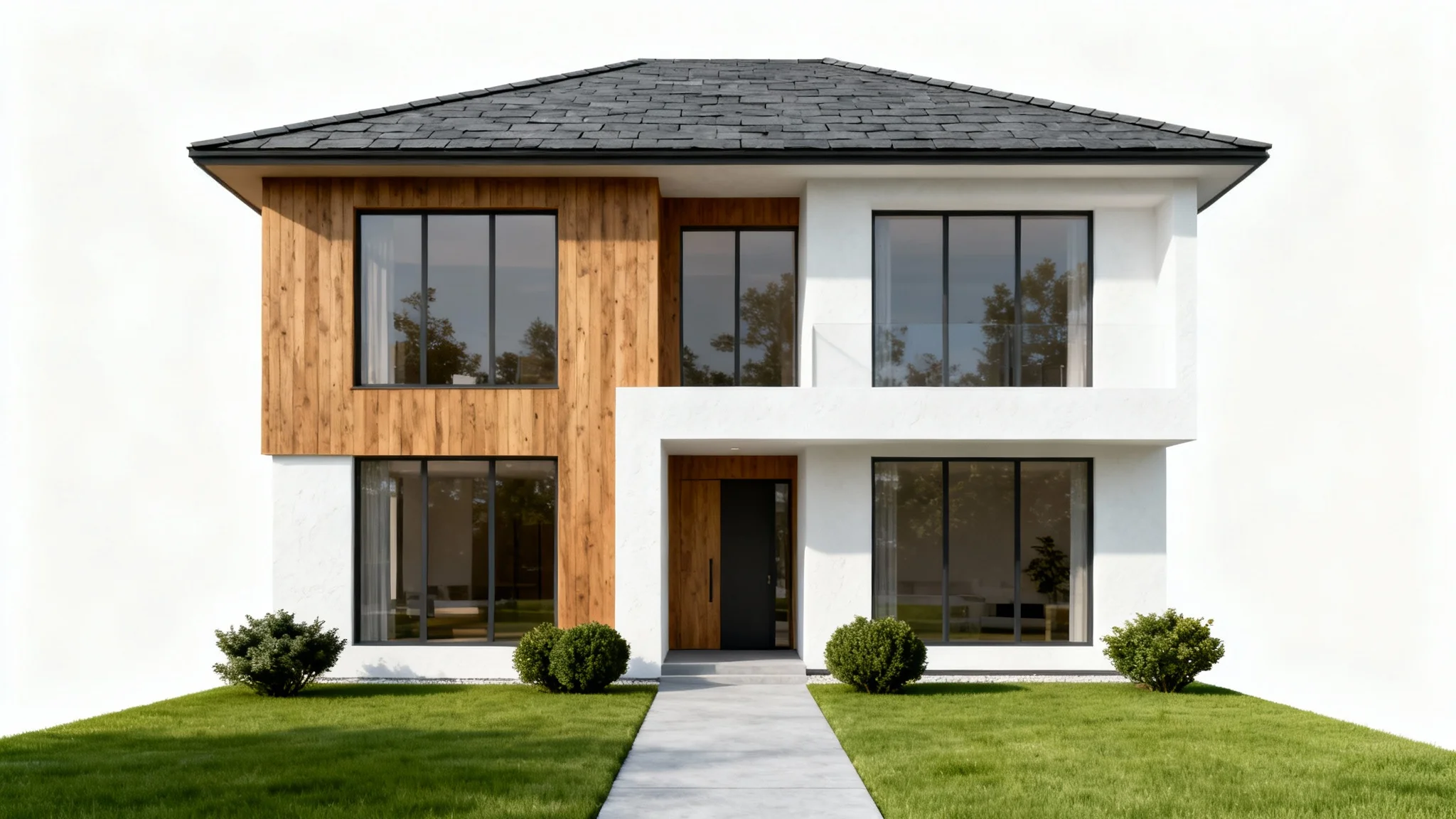 A photorealistic exterior rendering of a modern two-story house with wood, stucco, and glass features, set against a solid white background.