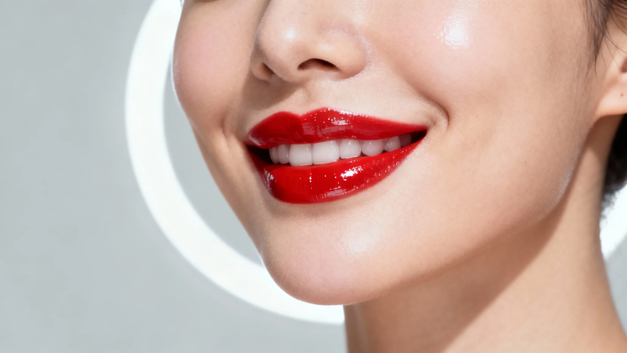 A stunning close-up hero image of a woman's face, showcasing the result of an 'add lipstick' tool with perfectly applied, vibrant red lipstick.
