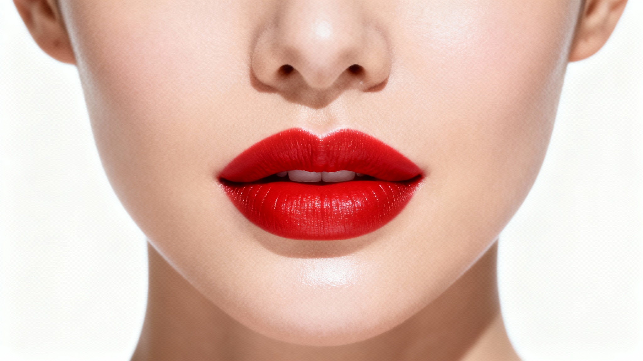 A close-up beauty shot of a woman's perfectly applied, vibrant red lipstick on full lips, set against a stark white background, showcasing a flawless makeup application.