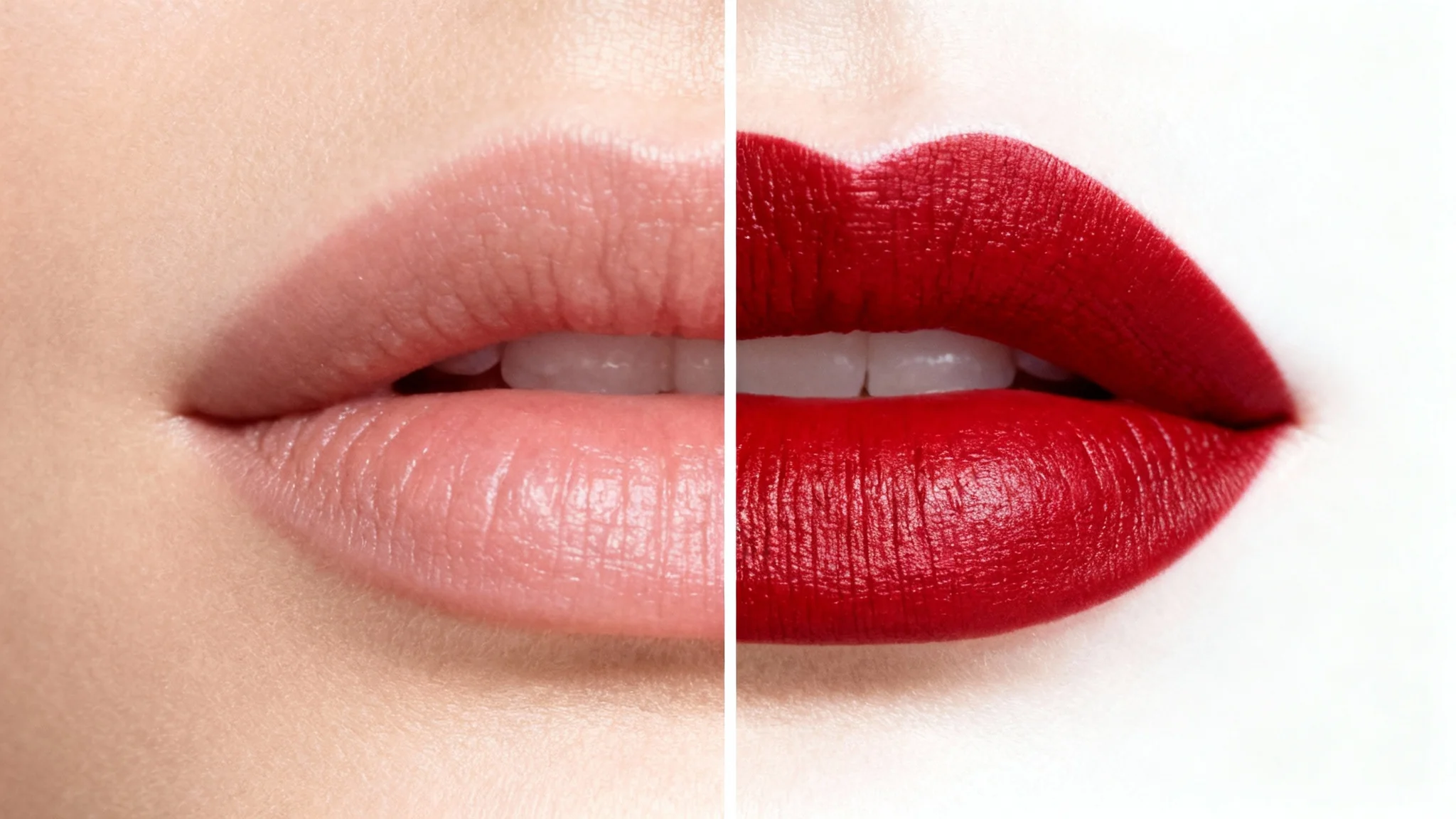 A close-up split-screen image showing a before-and-after of applying lipstick. The left side features natural, uncolored lips, while the right side displays the same lips with a perfect application of vibrant red lipstick.