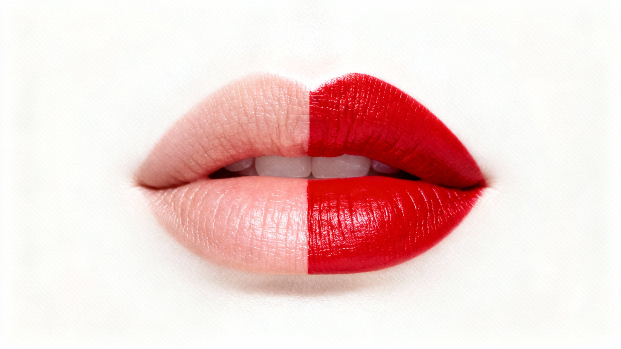 A hyper-realistic macro shot of a woman's lips, split down the middle to show a before-and-after of applying vibrant red lipstick on a white background.