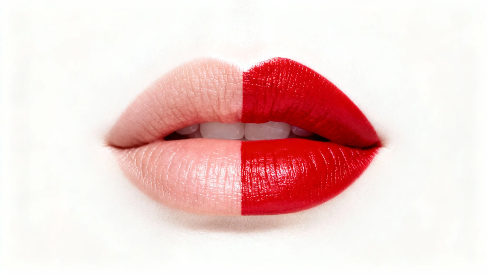 A hyper-realistic macro shot of a woman's lips, split down the middle to show a before-and-after of applying vibrant red lipstick on a white background.
