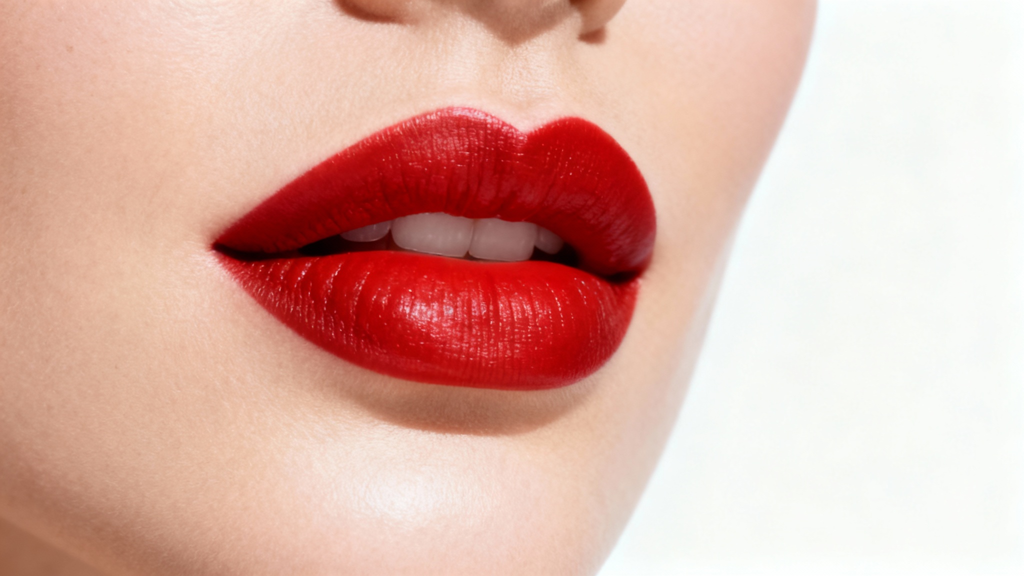 A close-up, high-fashion photo of a woman's lips wearing perfectly applied, vibrant red lipstick against a clean white background.