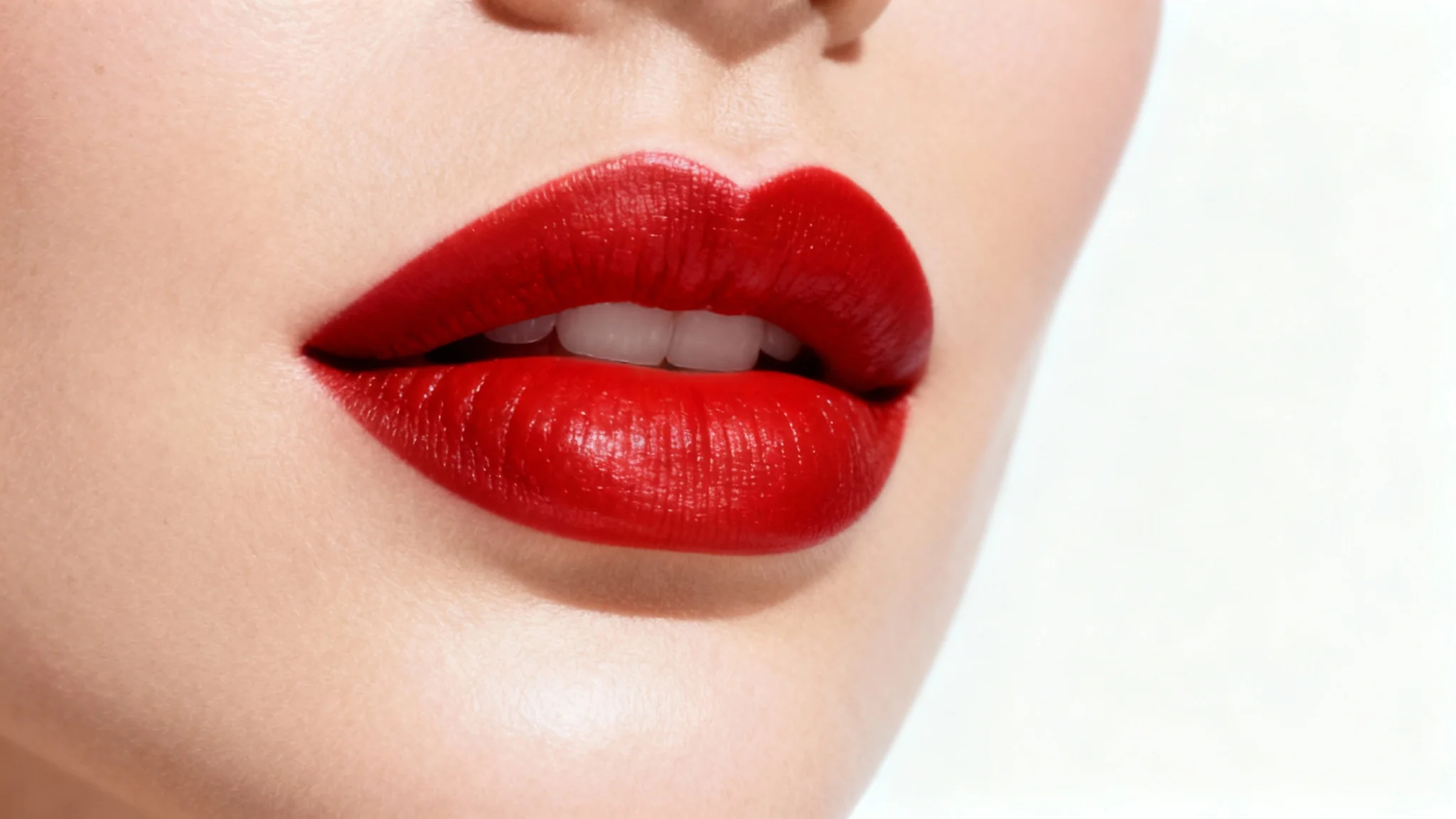 A close-up, high-fashion photo of a woman's lips wearing perfectly applied, vibrant red lipstick against a clean white background.