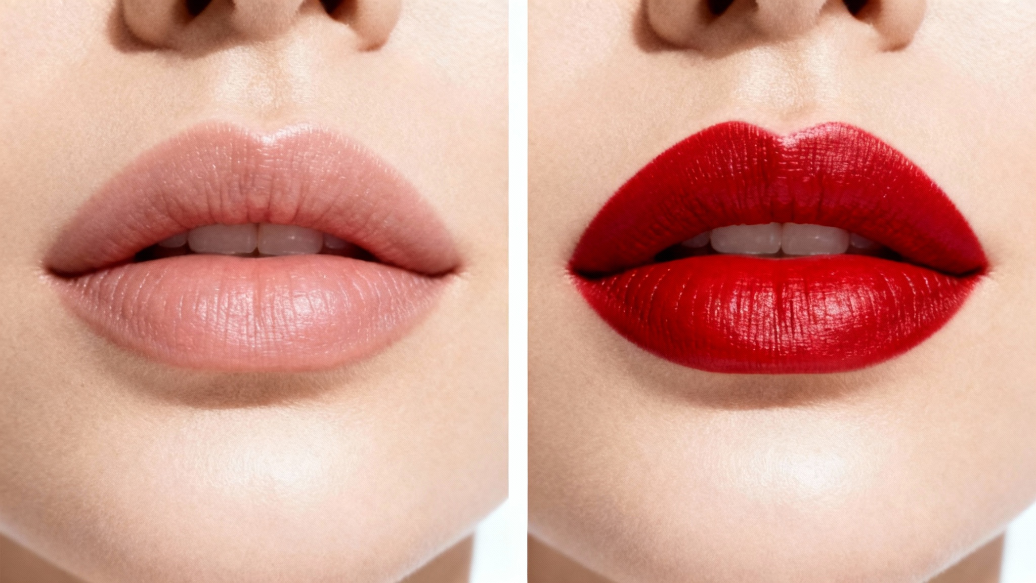 A close-up image of a woman's lips, split in half to show a before and after comparison. The left side shows natural, bare lips, while the right side shows the lips with perfectly applied vibrant red lipstick.