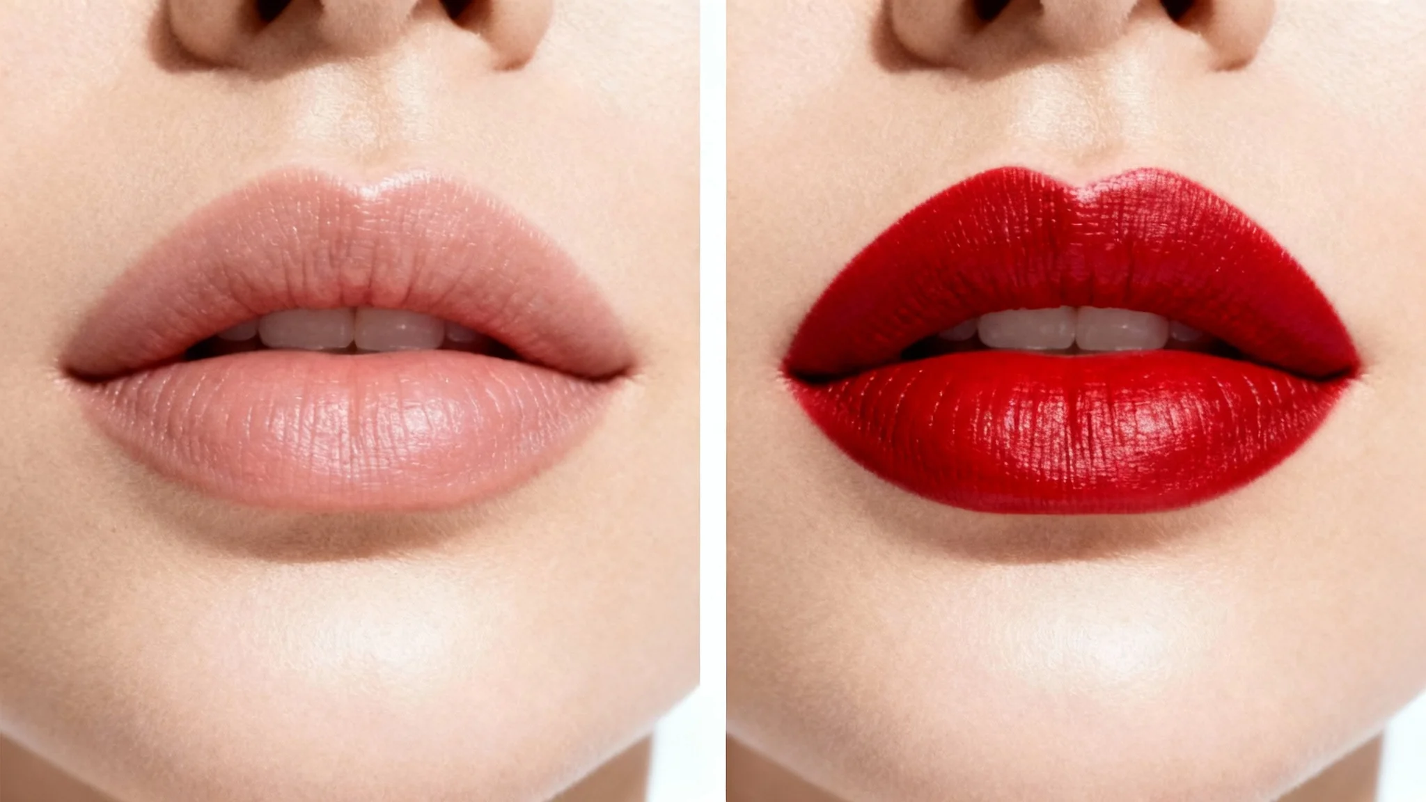 A close-up image of a woman's lips, split in half to show a before and after comparison. The left side shows natural, bare lips, while the right side shows the lips with perfectly applied vibrant red lipstick.