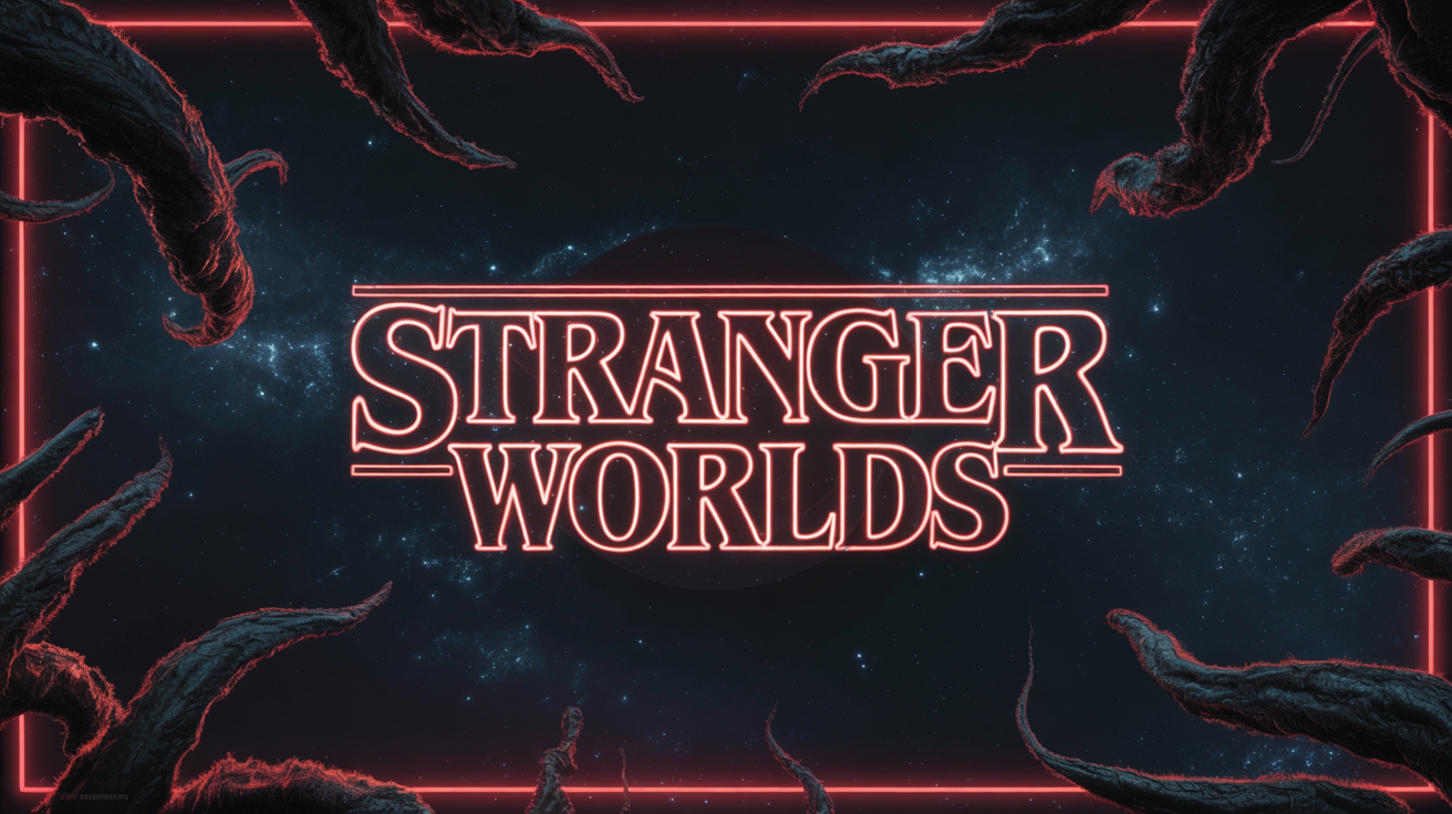 A graphic design title card that says 'STRANGER WORLDS' in the iconic glowing red Stranger Things font, set against a dark background with shadowy vines and a red border.