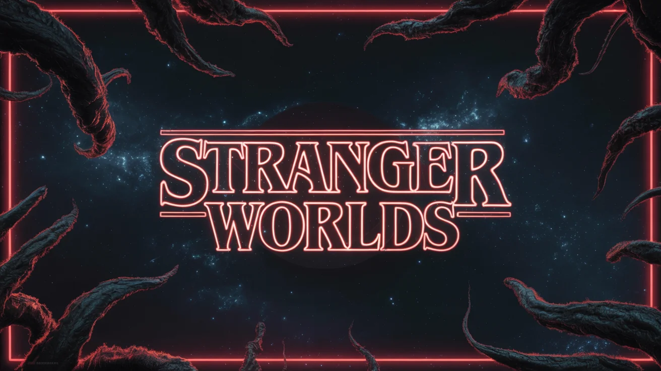 A graphic design title card that says 'STRANGER WORLDS' in the iconic glowing red Stranger Things font, set against a dark background with shadowy vines and a red border.