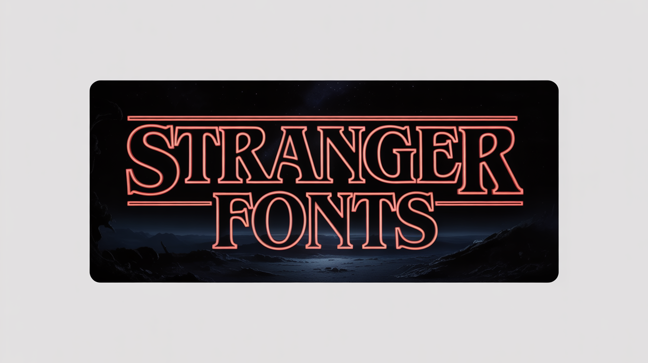 A mockup of the title 'STRANGER FONTS' written in a glowing red 1980s sci-fi font, reminiscent of the 'Stranger Things' series, presented against a clean white background.