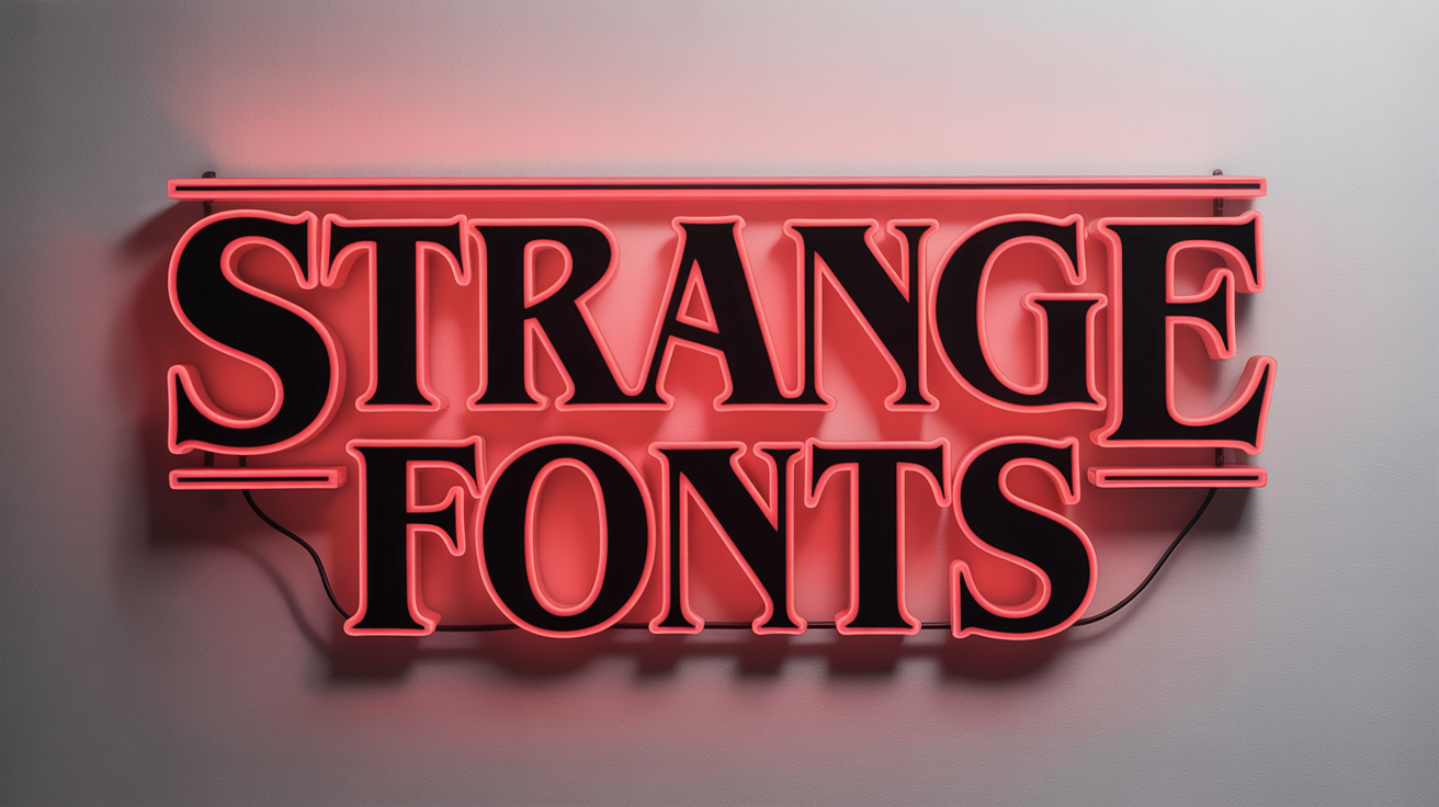 The words 'STRANGE FONTS' are displayed in a glowing red, neon-style serif font, reminiscent of the 'Stranger Things' title sequence, against a plain white background.