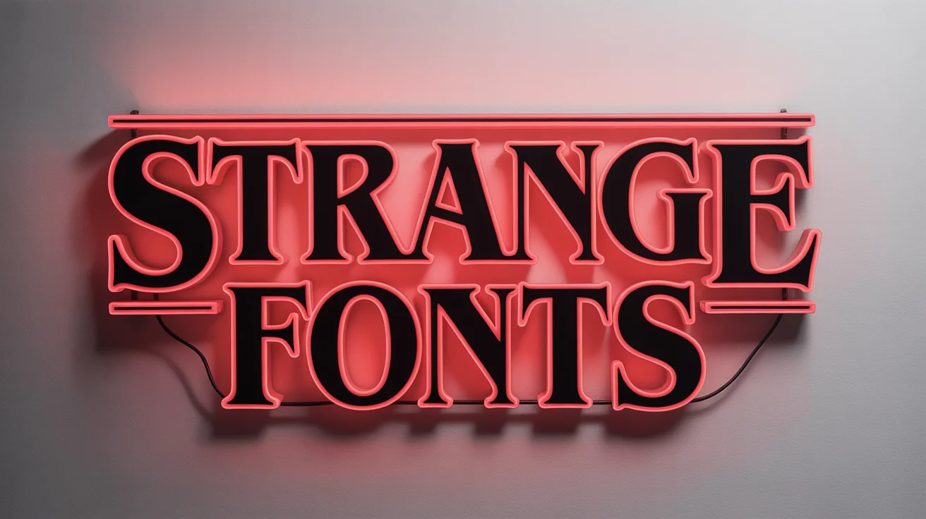 The words 'STRANGE FONTS' are displayed in a glowing red, neon-style serif font, reminiscent of the 'Stranger Things' title sequence, against a plain white background.