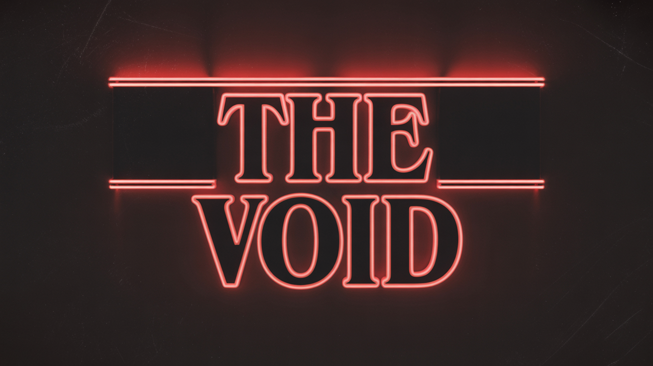 A mockup showcasing a 'Stranger Things' style font, with the words 'THE VOID' written in a glowing red outline against a dark, textured background.
