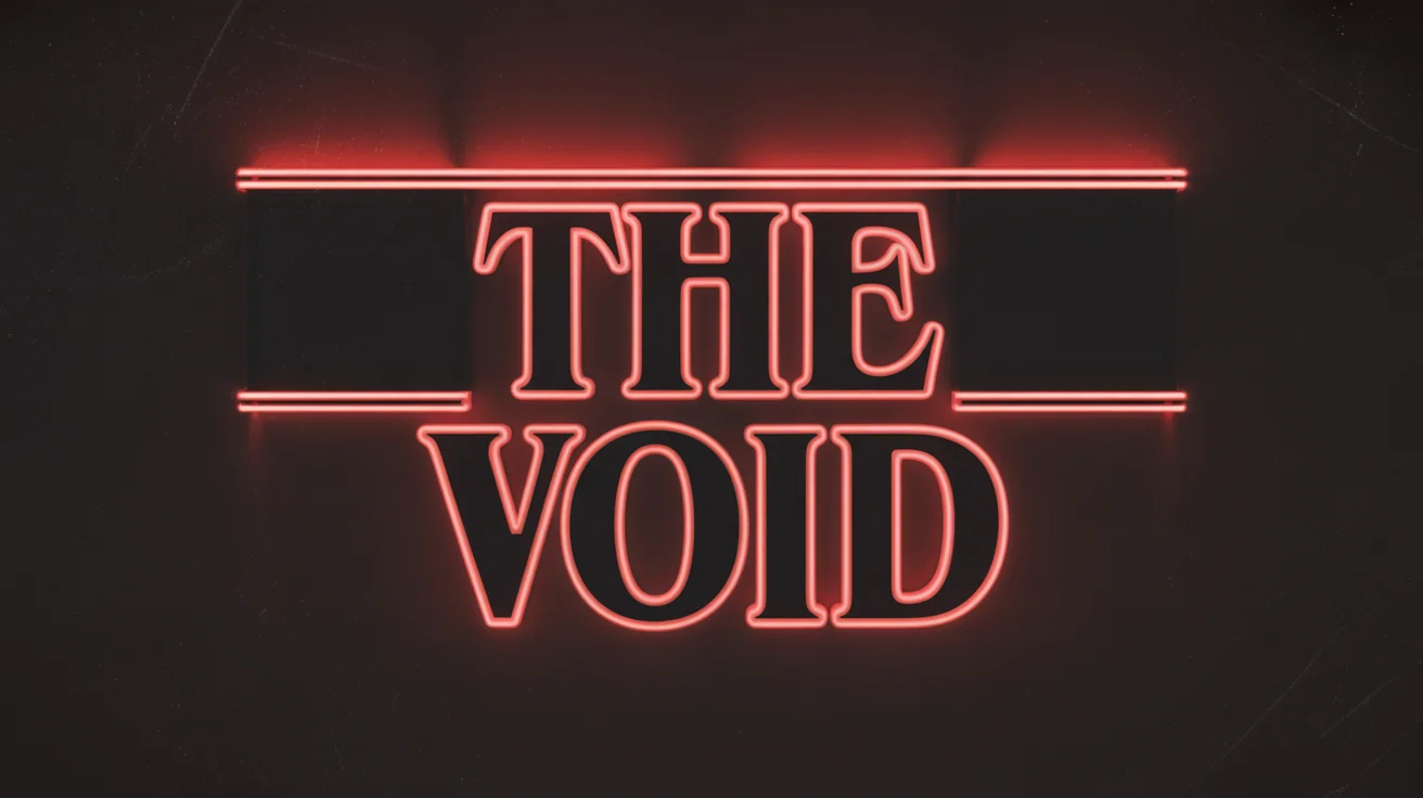A mockup showcasing a 'Stranger Things' style font, with the words 'THE VOID' written in a glowing red outline against a dark, textured background.