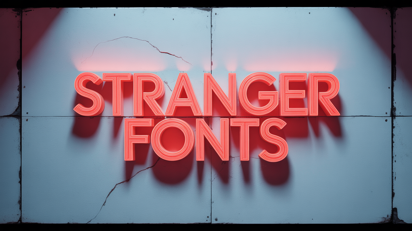 The words 'STRANGER FONTS' rendered in a glowing red 80s-style font, reminiscent of the Stranger Things title, on a white background.