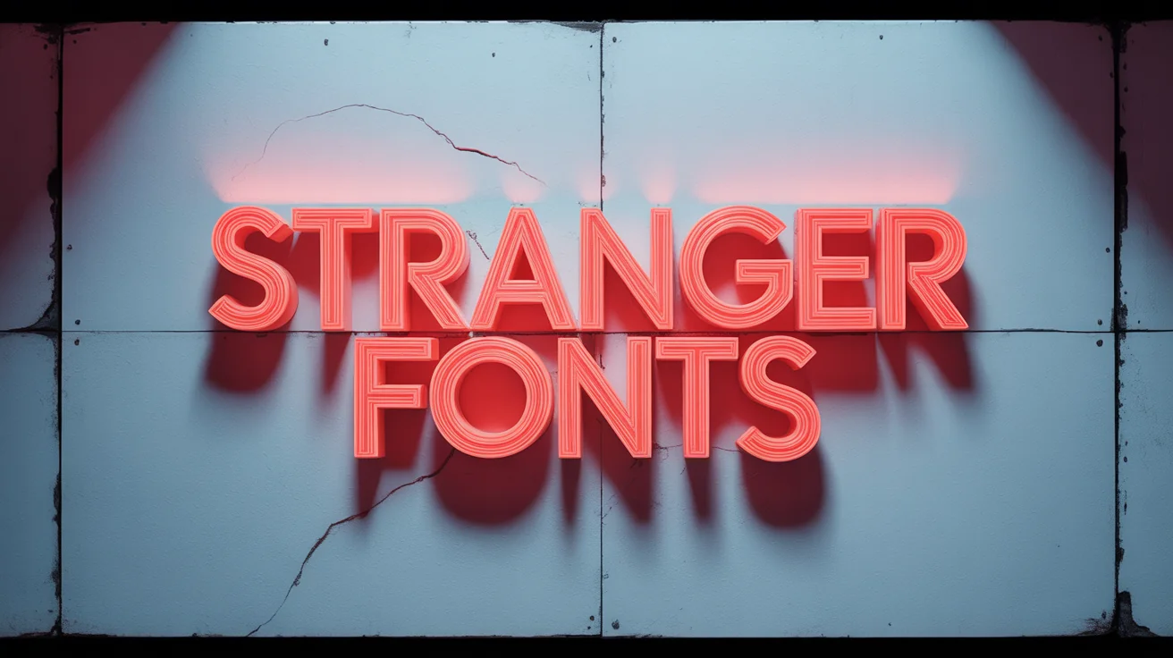 The words 'STRANGER FONTS' rendered in a glowing red 80s-style font, reminiscent of the Stranger Things title, on a white background.