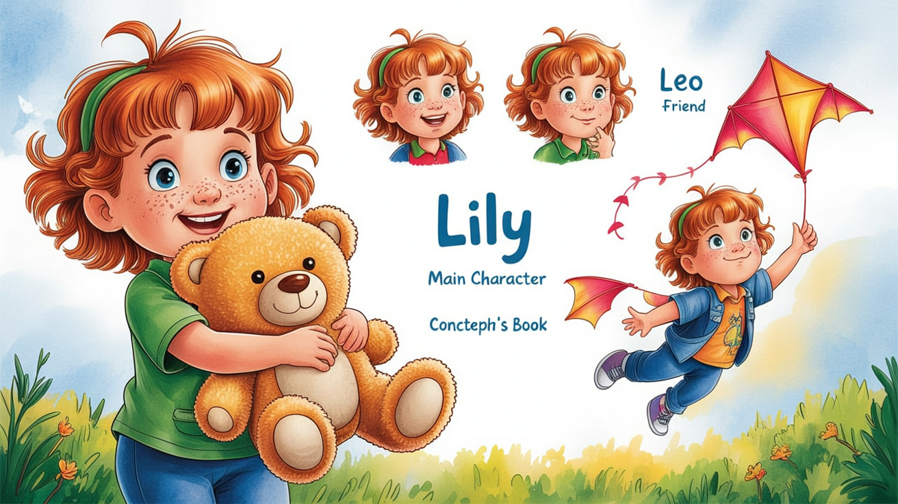 A professional character design sheet for a children's book, featuring a girl with red curly hair and a boy with brown hair. The sheet displays various poses, expressions, and prop details like a teddy bear and a kite, all rendered in a vibrant watercolor style on a clean white background.