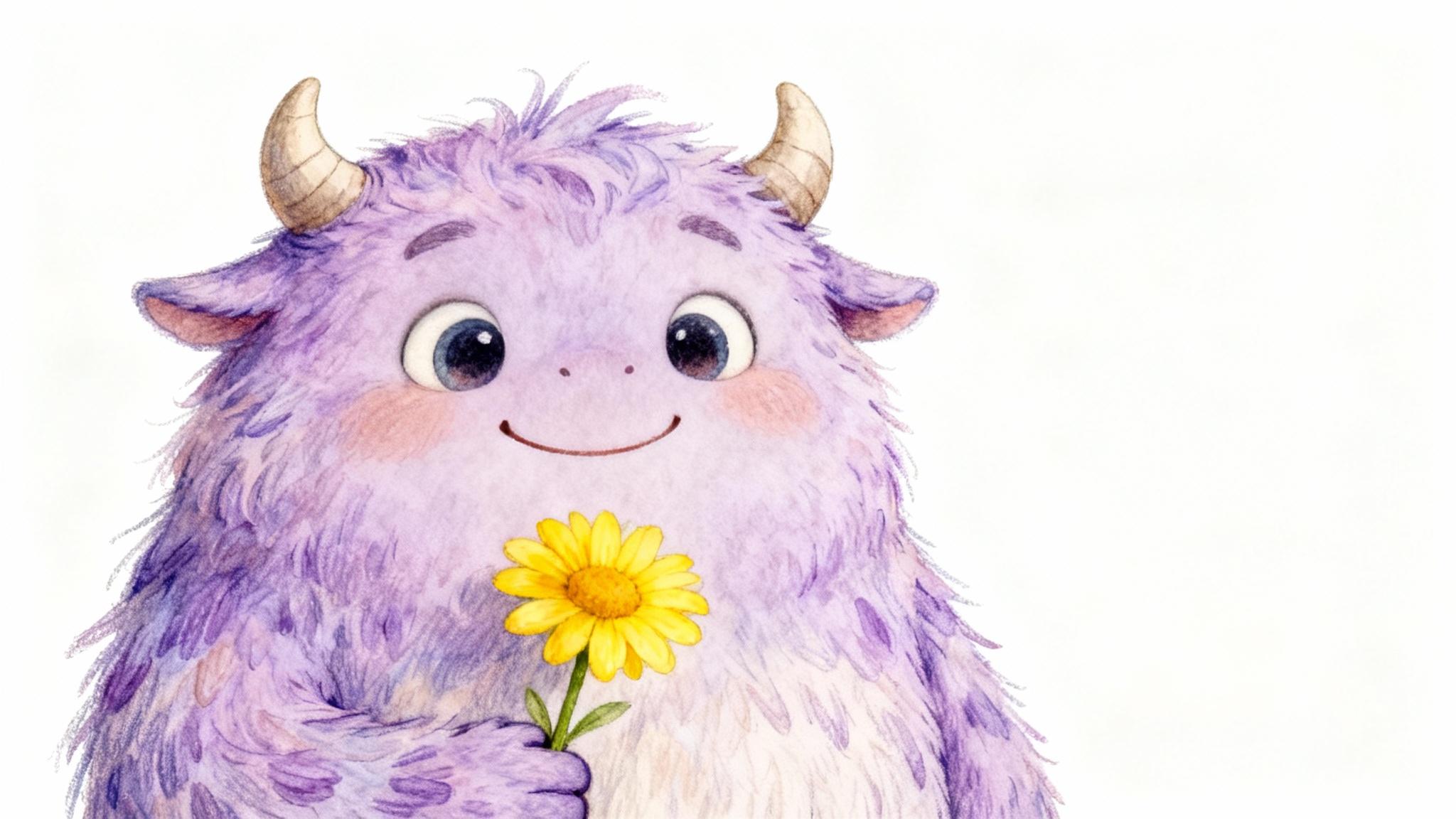 A children's book character design of a cute, furry purple monster with big eyes, holding a yellow daisy against a plain white background.