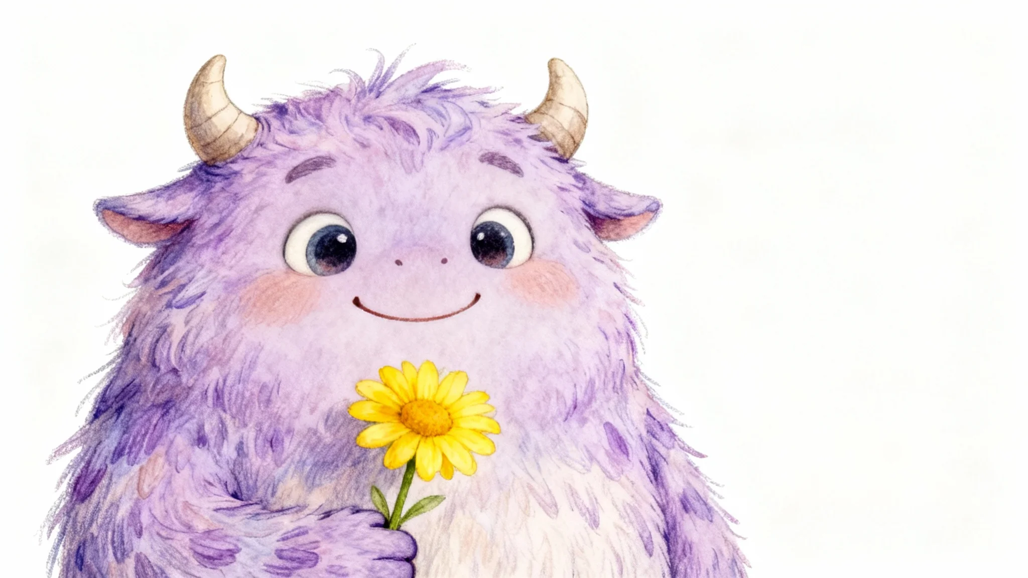A children's book character design of a cute, furry purple monster with big eyes, holding a yellow daisy against a plain white background.