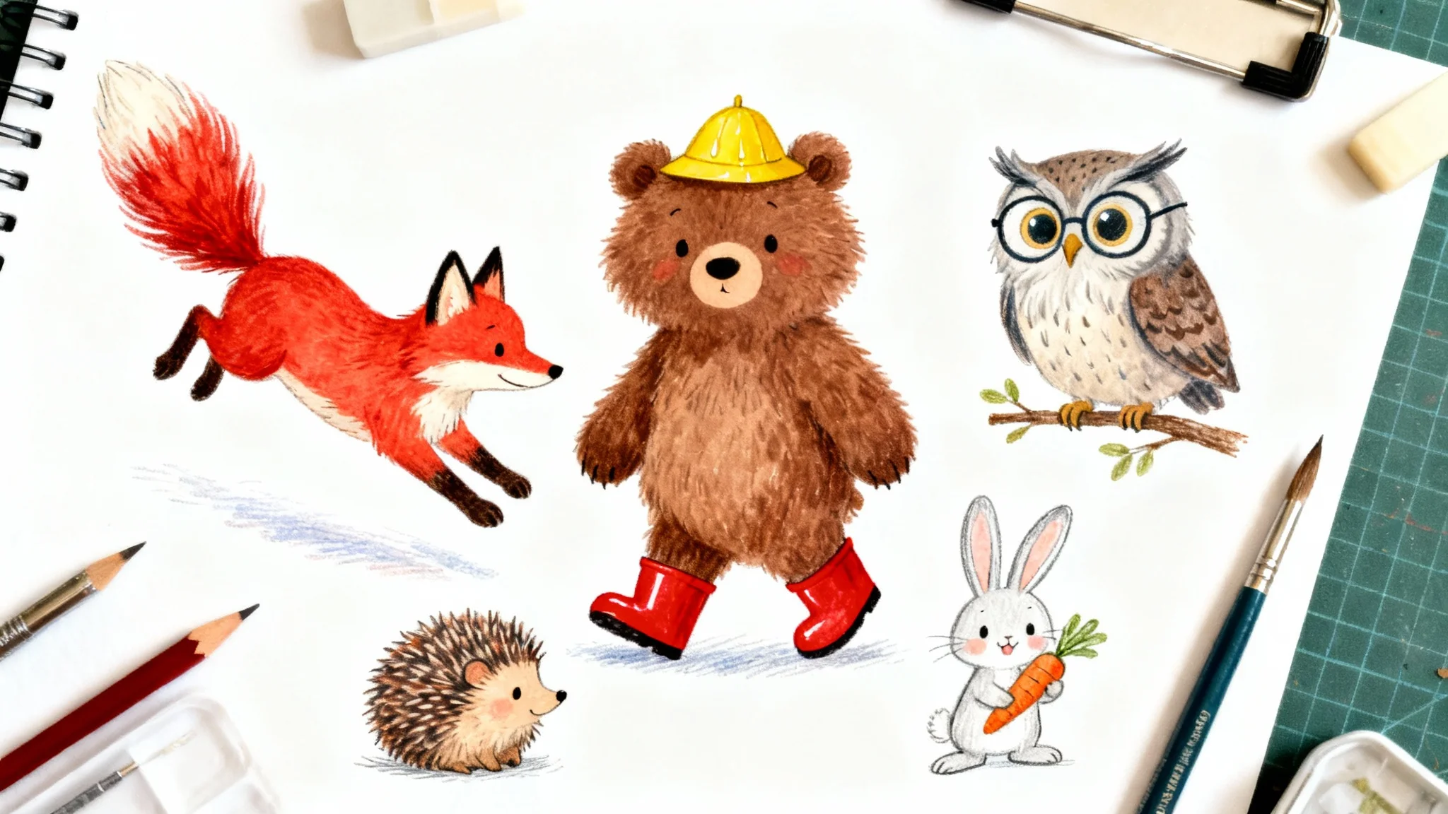 A character design sheet for a children's book, featuring a central friendly bear in a rain hat, a mischievous fox, a wise owl, a shy hedgehog, and a cheerful rabbit, all rendered in a soft watercolor style on a white background.