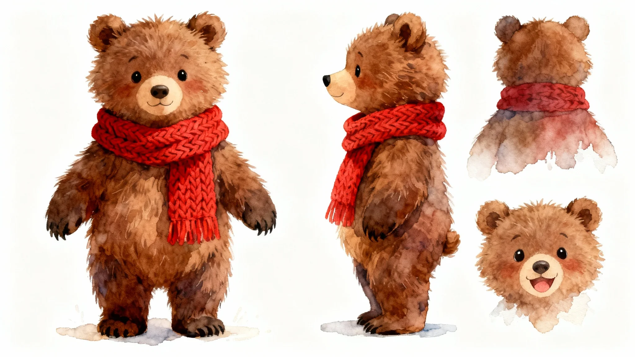 A character design sheet for a children's book, showcasing a cute baby brown bear in a red scarf from multiple angles and expressions, illustrated in a soft, watercolor style on a white background.
