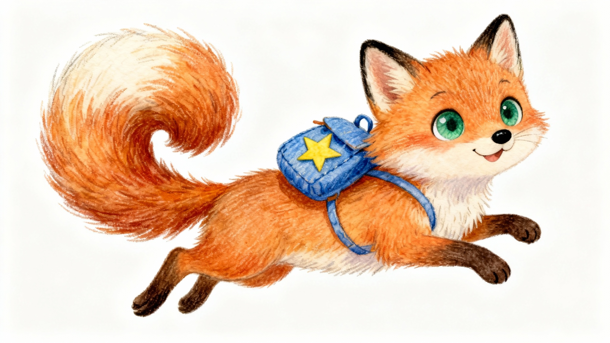 A whimsical children's book character design of a cute, fluffy baby fox with green eyes, wearing a small blue backpack and jumping playfully against a solid white background.