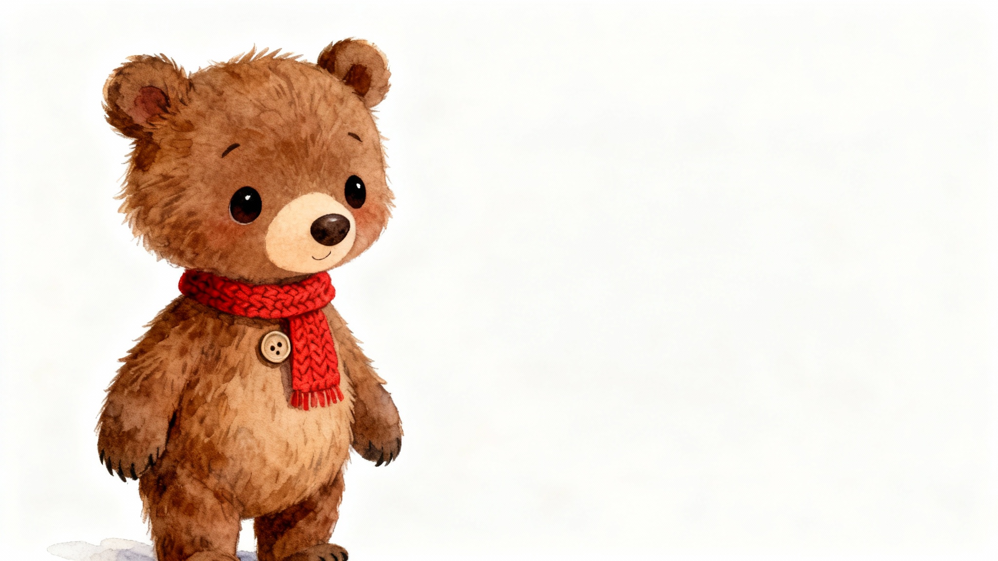 A whimsical watercolor illustration of a cute children's book character, a small brown bear wearing a red scarf, standing and smiling against a plain white background.