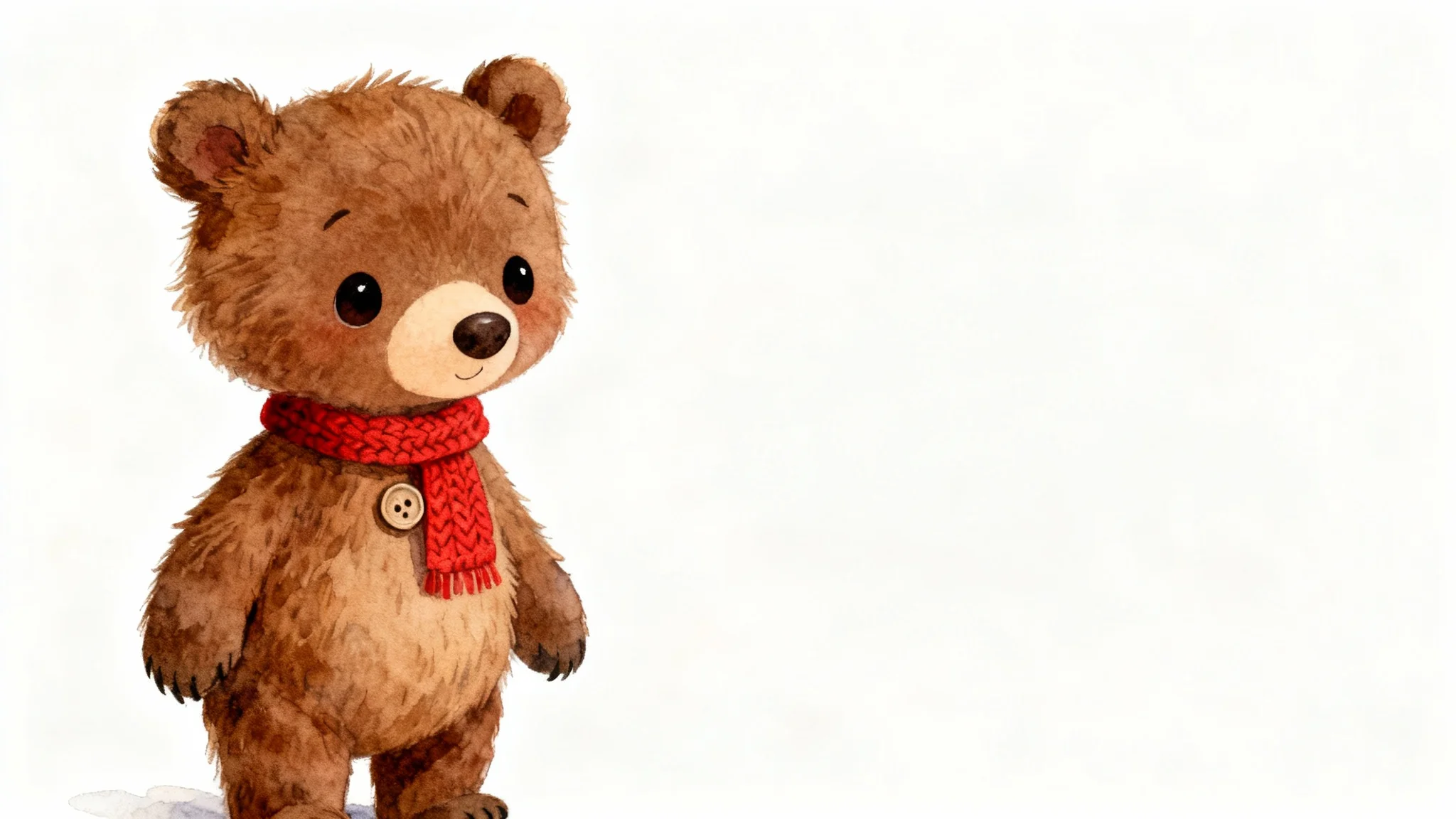 A whimsical watercolor illustration of a cute children's book character, a small brown bear wearing a red scarf, standing and smiling against a plain white background.