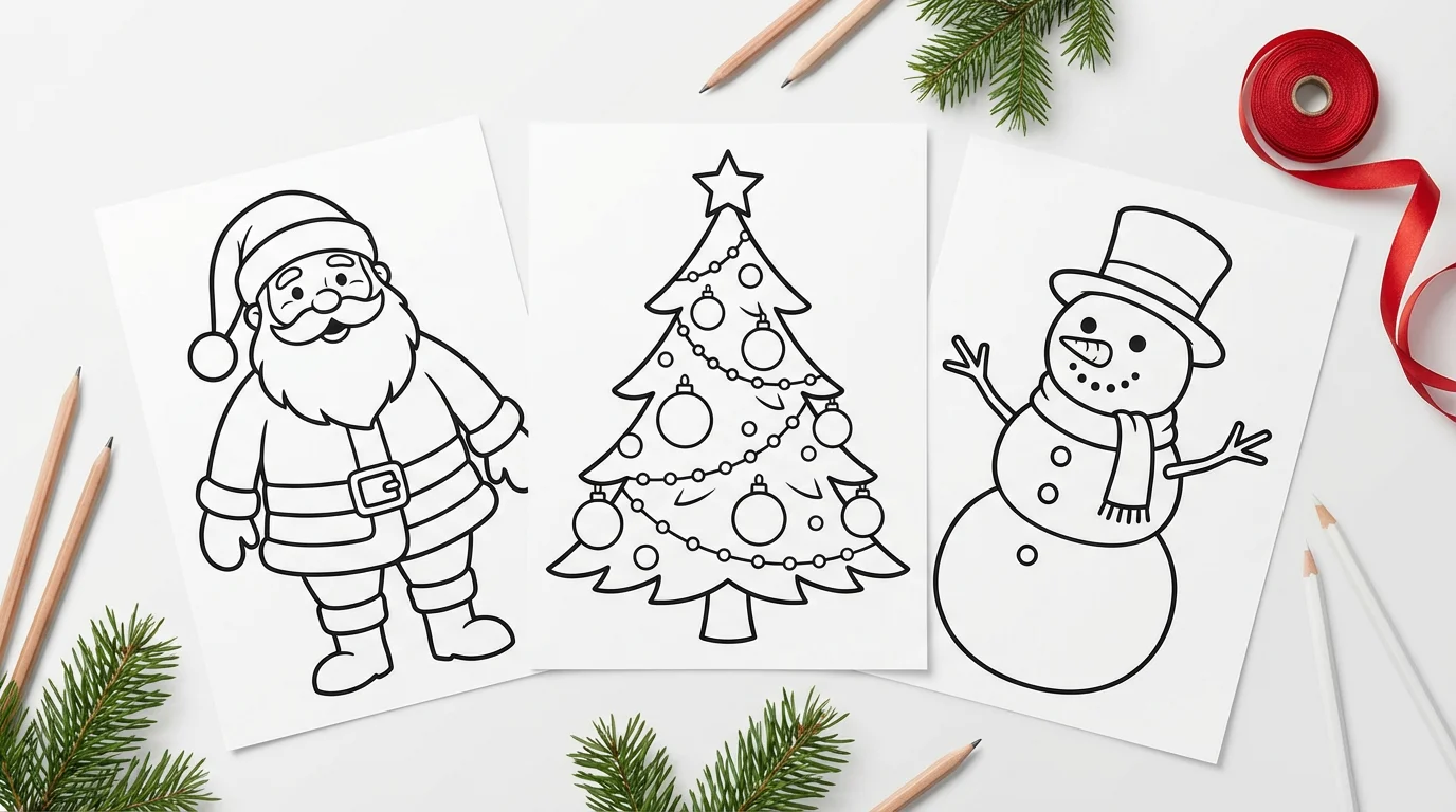 An overhead view of three black-and-white Christmas coloring pages arranged on a white background, featuring clean line art of a Santa Claus, a Christmas tree, and a snowman.