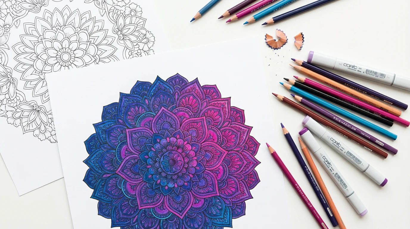 A top-down view of several adult coloring pages on a white surface. One page features a partially colored-in mandala, with colored pencils and markers arranged neatly beside it.