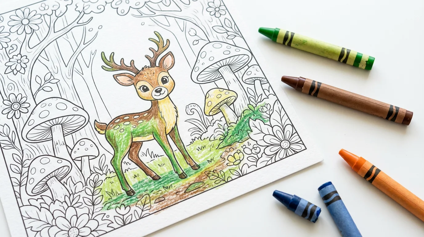 A top-down view of a partially colored-in coloring page featuring a whimsical deer in a forest, with colorful crayons scattered nearby on a white background.
