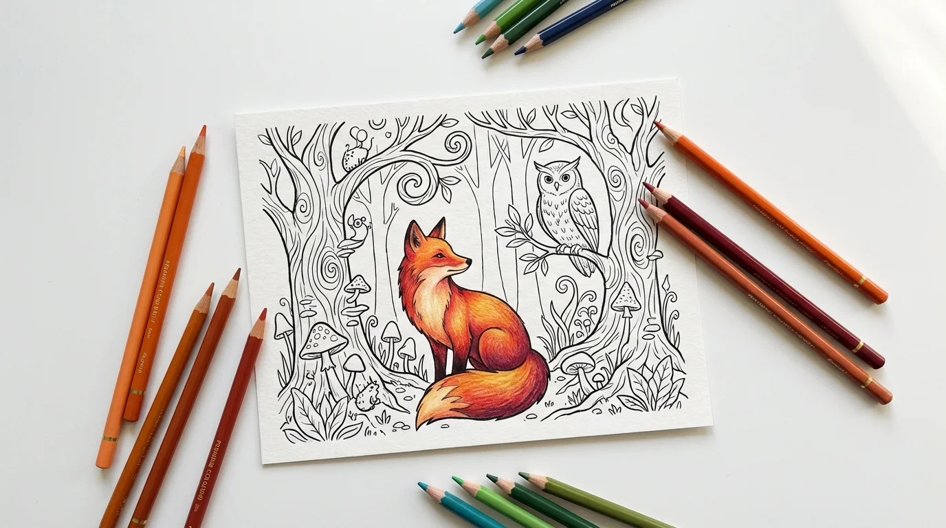A top-down view of a coloring page featuring a whimsical forest scene on a white background. A fox in the drawing is partially colored with vibrant oranges, and several colored pencils lie neatly beside the page.