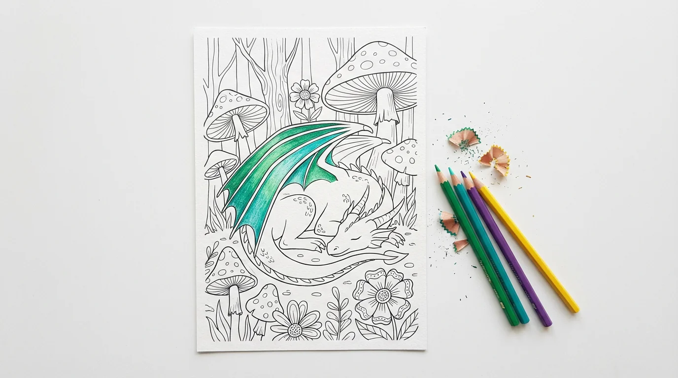 A flat lay mockup of a coloring page on a white background, featuring a detailed line art of a dragon in a forest, partially colored in with green. Colored pencils are placed next to the page.