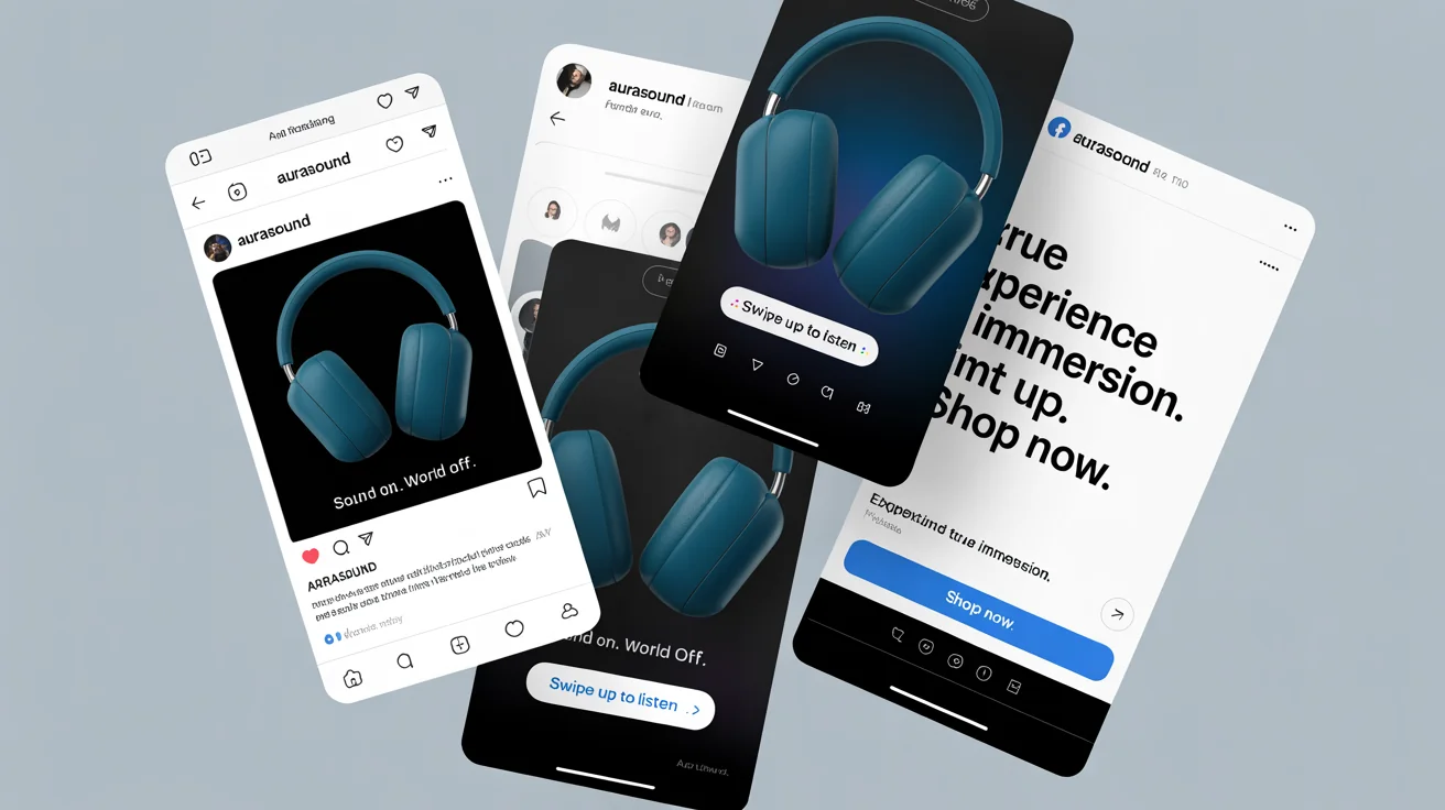A showcase of polished, professionally designed social media graphics for a new headphone product launch, arranged in a clean collage on a light background. The graphics feature modern text and high-quality images.